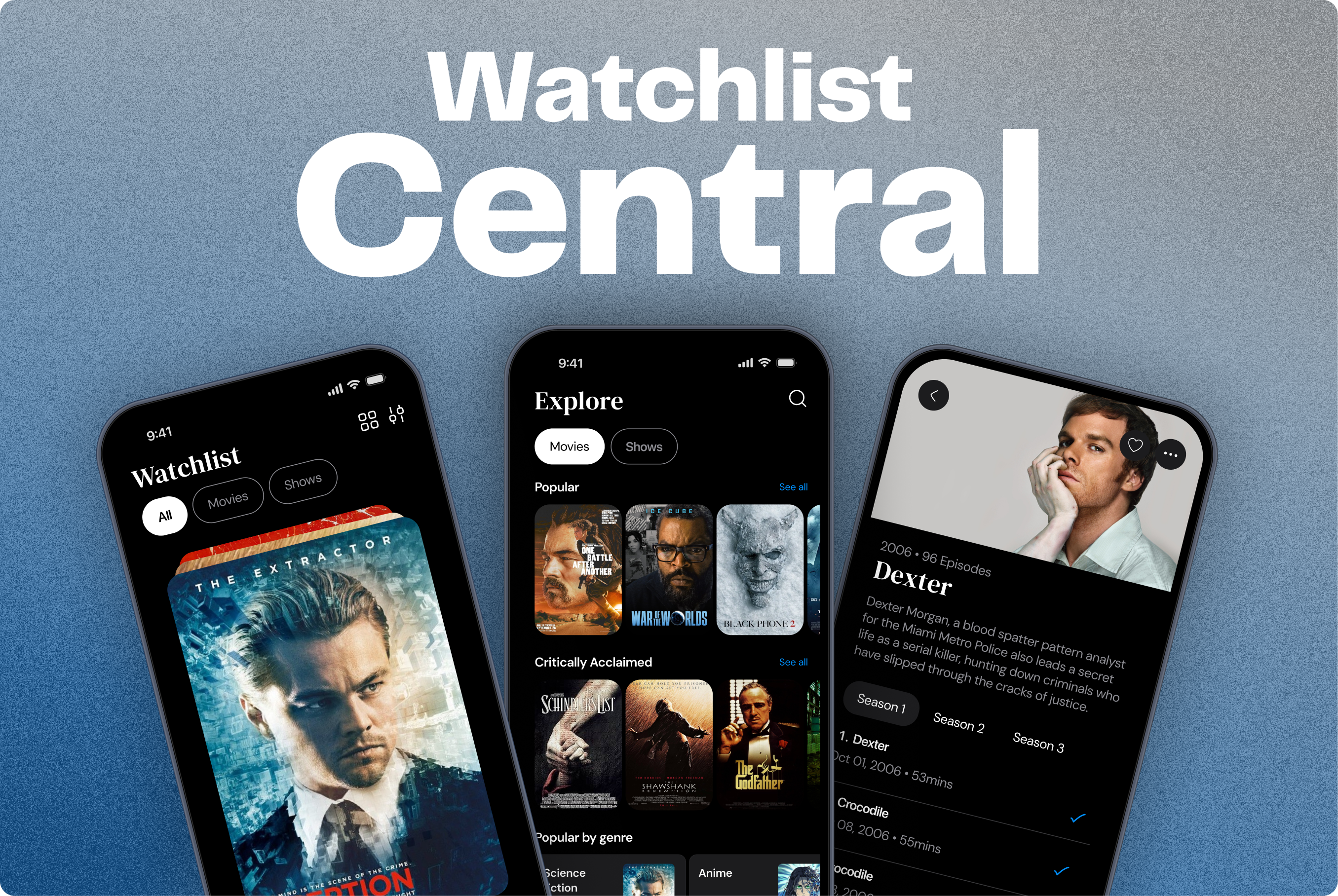 Watchlist Central dark mode movies product design tv shows ui watchlist