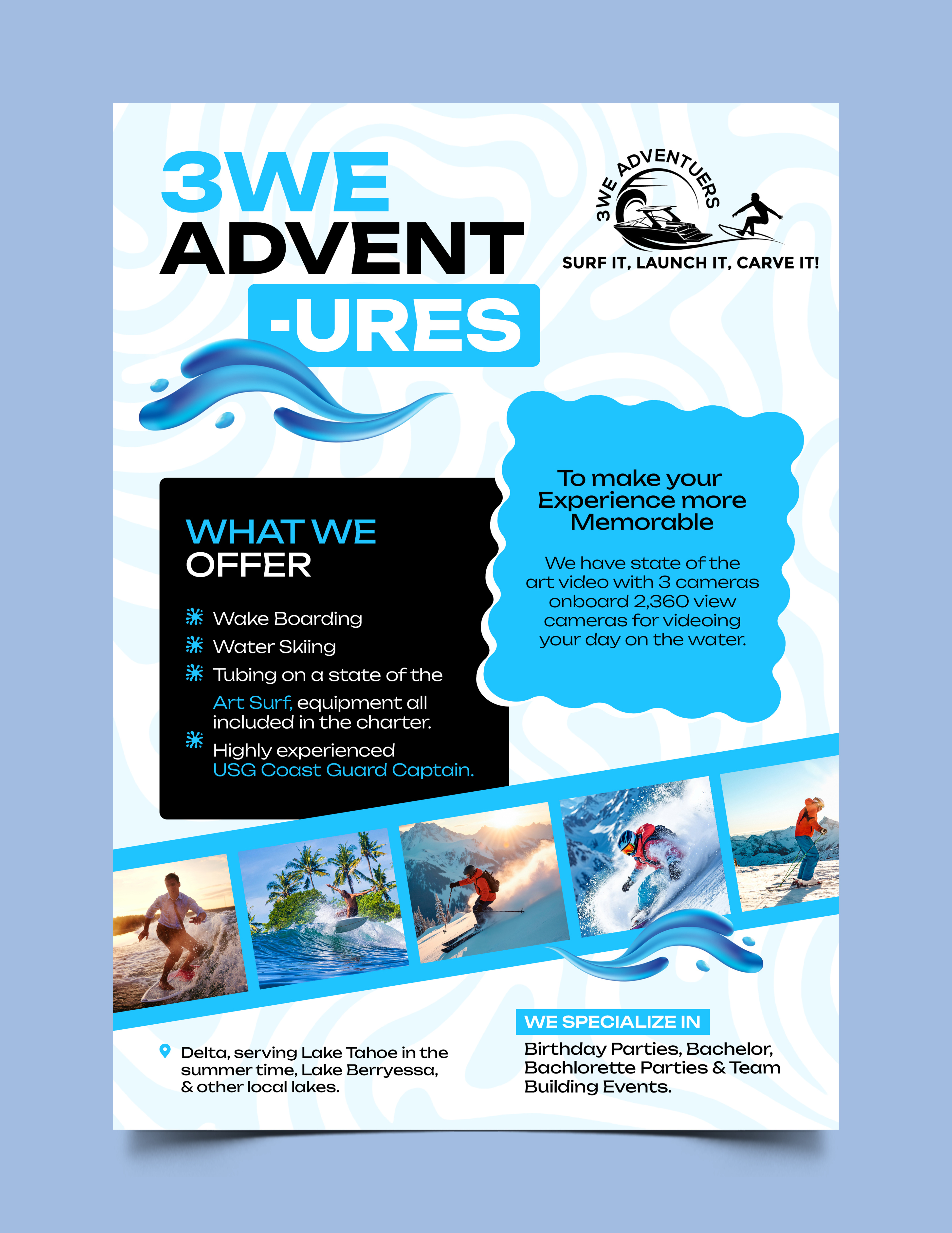 3WE Adventures Flyer Design | Surf It • Launch It • Carve It action sports design adventure branding behance portfolio branding branding design creative flyer design design digital flyer extreme sports flyer facebook ad graphic design illustration imagery marketing minimal logo modern flyer print ready flyer surfing flyer travel flyer youth event flyer