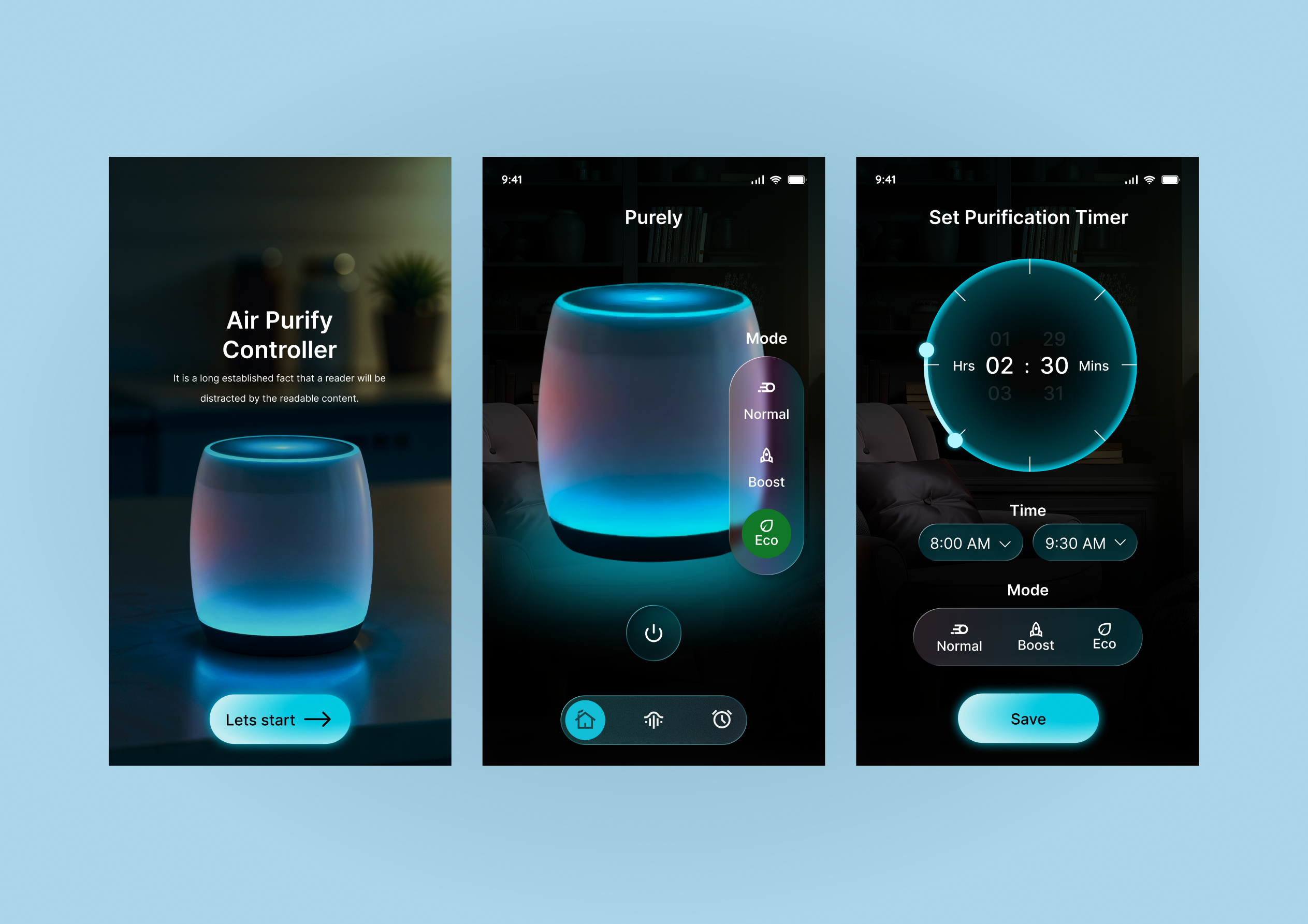 Purely | Smart Air Purifier Interface airpurifier app appdesign branding cleanair darkmood design iot moderndesign neonblue product design smarthome trendydesign uidesign uiux ux
