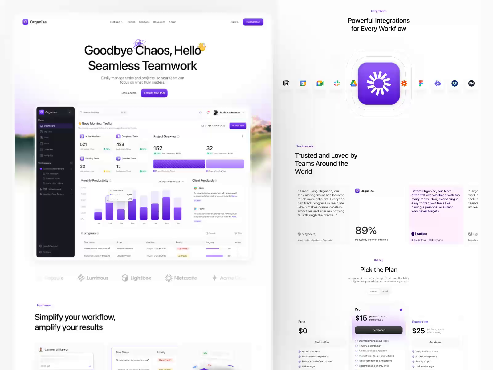 Example of Organise — Seamless Teamwork SaaS Website