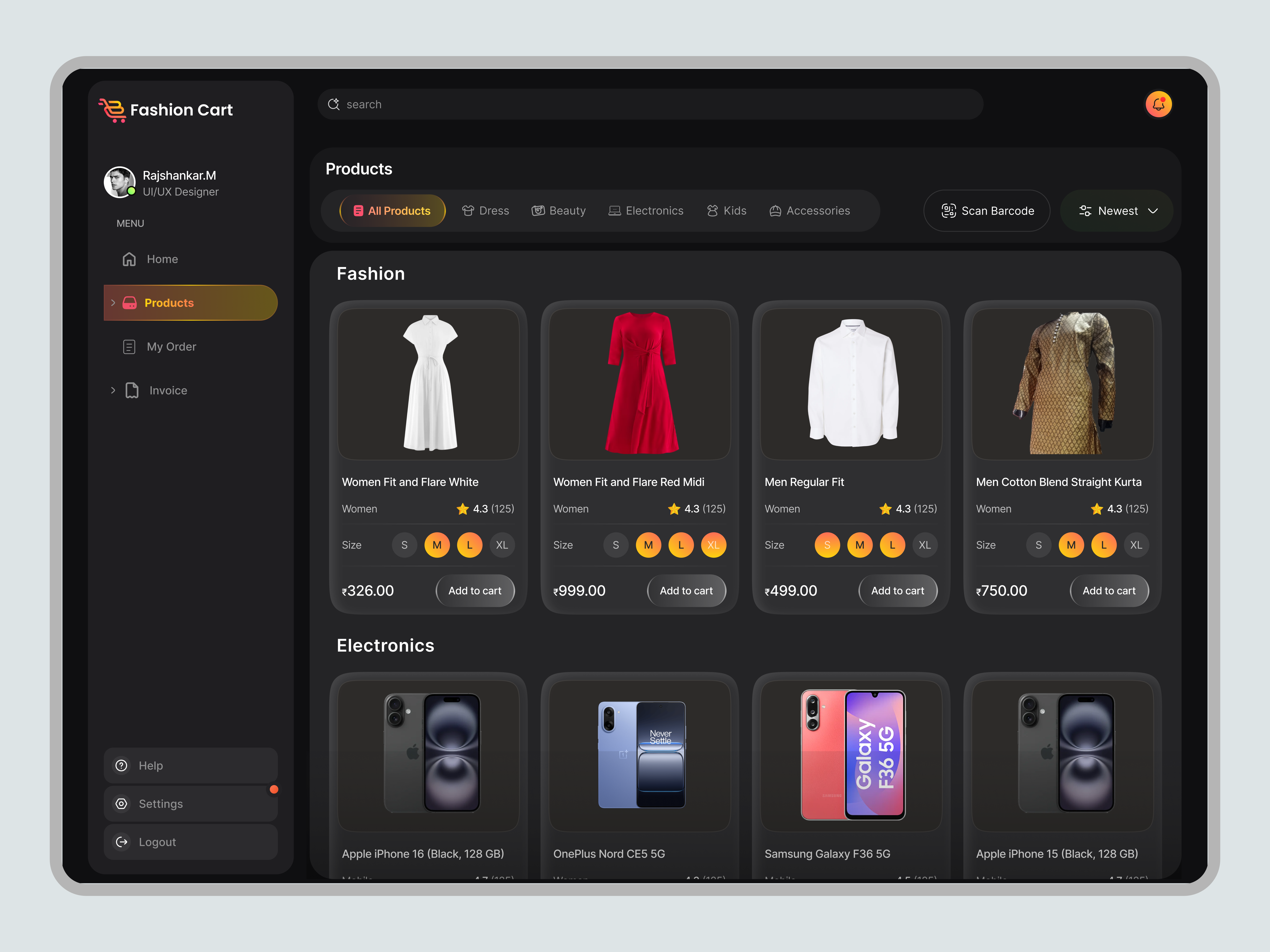 E-commerce App UI Design animation darkui dress e commerce electronics fashioncart kids mobile modernui ui uidesign uiux uiuxdesign ux