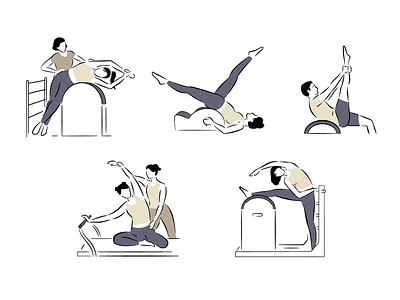 Pilates Exercise Illustrations for Studio Spaces & Digital Use brandillustration healthandwellness illustrationsystem pilates productillustration visualidentity wellnessdesign