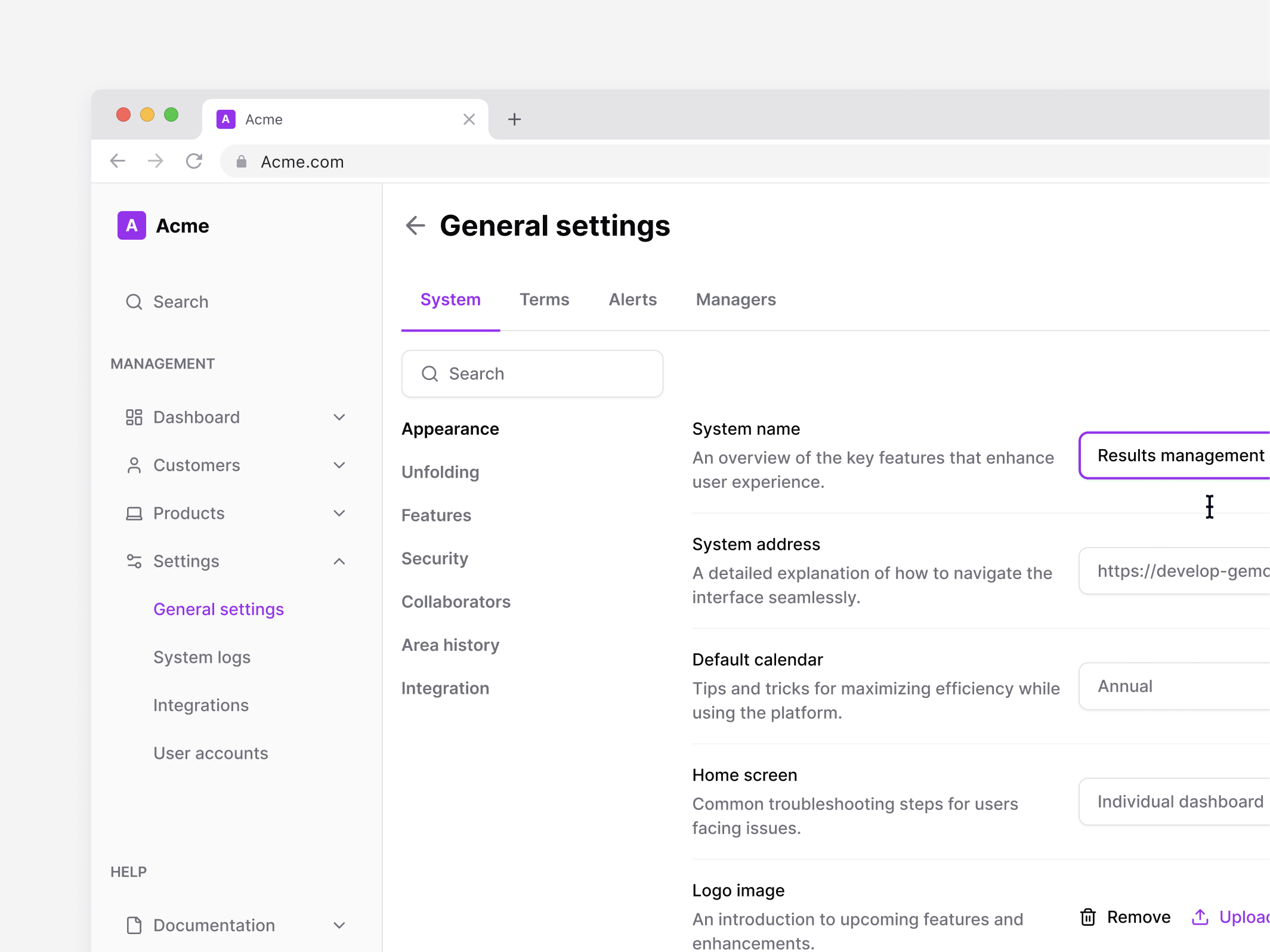 General Settings | Clear, Scannable System Configuration data enterprise ux information architecture layout managament purple settings sidebar table ui usability ux