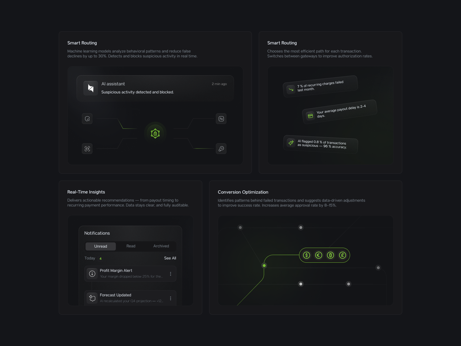 AI Fintech Web Section Highlighting Smart Payment Capabilities ai desktop features fintech landing payments saas ui design visual web web design website