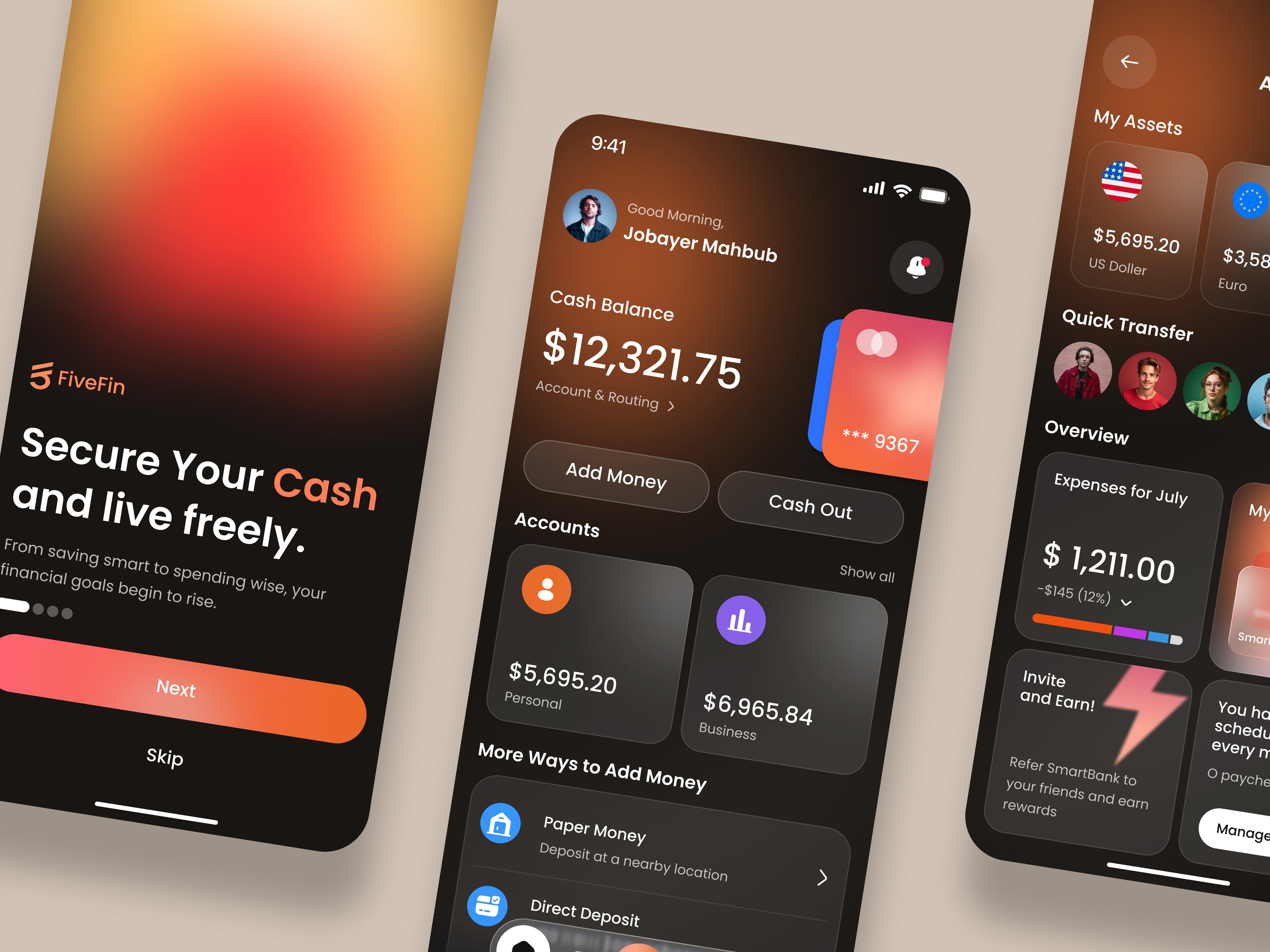 Modern Fintech Mobile App UI – Smart, Secure & Seamless Banking ai banking app ai finance banking platform banking service budgeting app card app dark ui digital banking app finance app finance insights finance management app mobile bank mobile banking service online finance payment app secure payment ui wallet