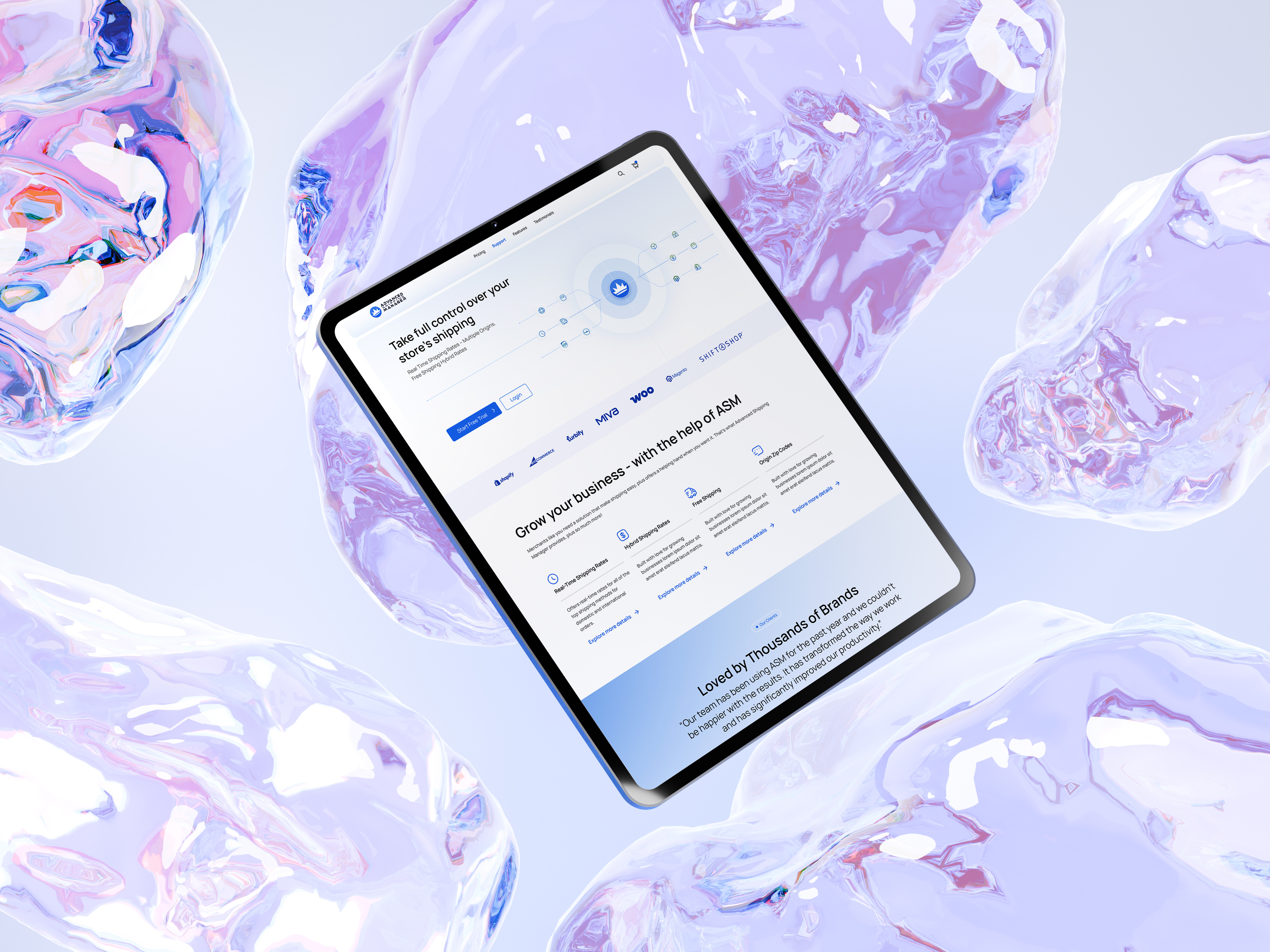 advanced shipping manager ai branding gemini illustration landing page liquid glass shipping ui web design