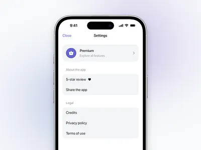 Settings Screen about app blur card clean design effect glass ios iphone list mobile premium product review screen settings simple table