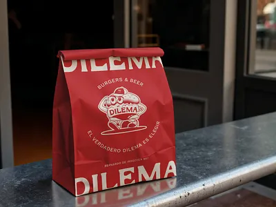 Dilema Burgers Packaging Design bag design bold logo burger branding burger logo burger logo design burger packaging dilema fast food brand fun logo mascot logo packaging design paper bag design quirky logo red restaurant branding visual identity