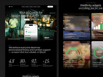 Wellfinity - Fitness app landing page blurred cards dark mode design fitness landing page gym website landing page landing page design metrics ui ui design ux ux design web design website website design