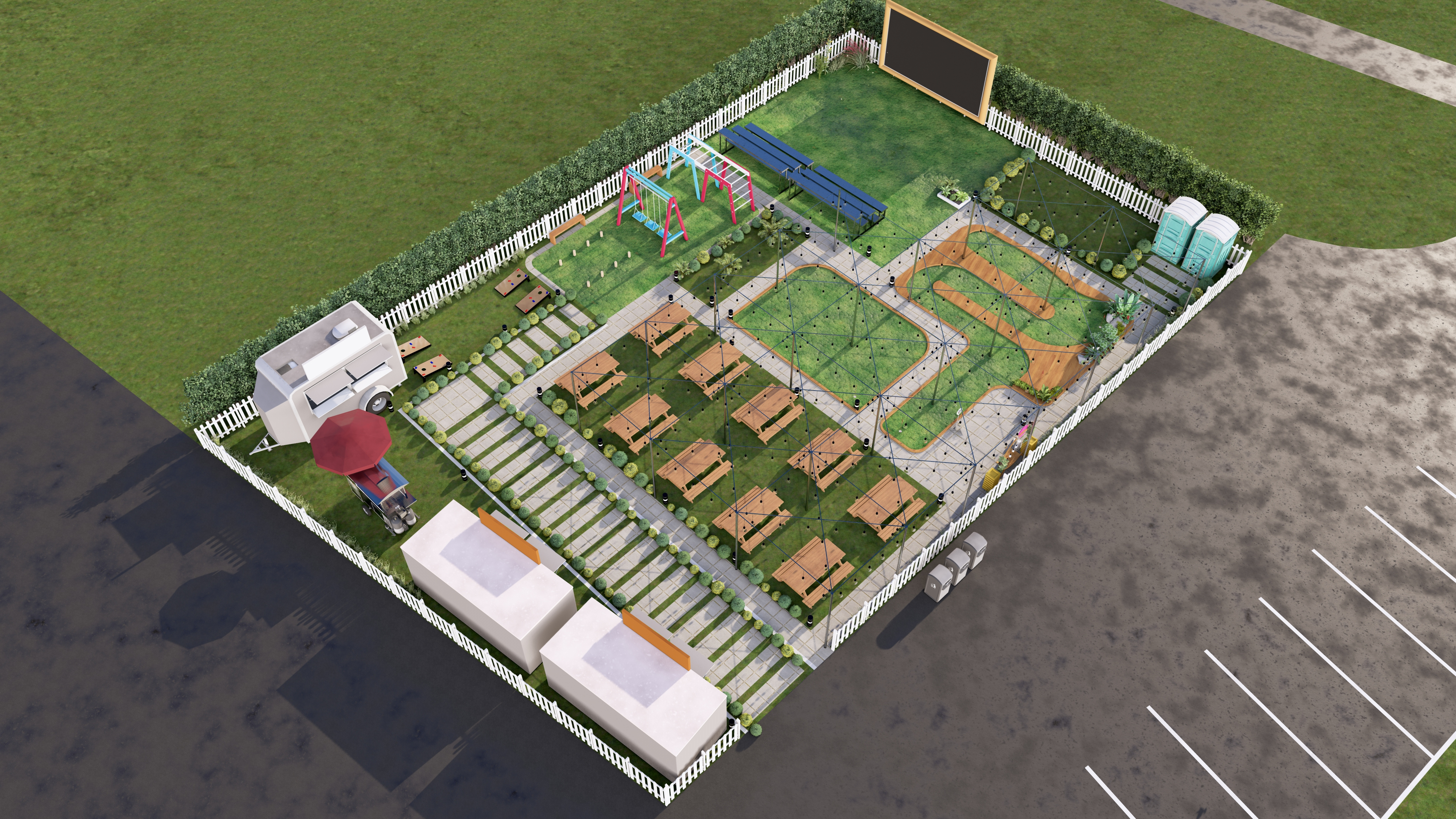Food Park Landscape & Backyard | 3D Visualization | USA animation architectural foodparkdesign gardening graphic design