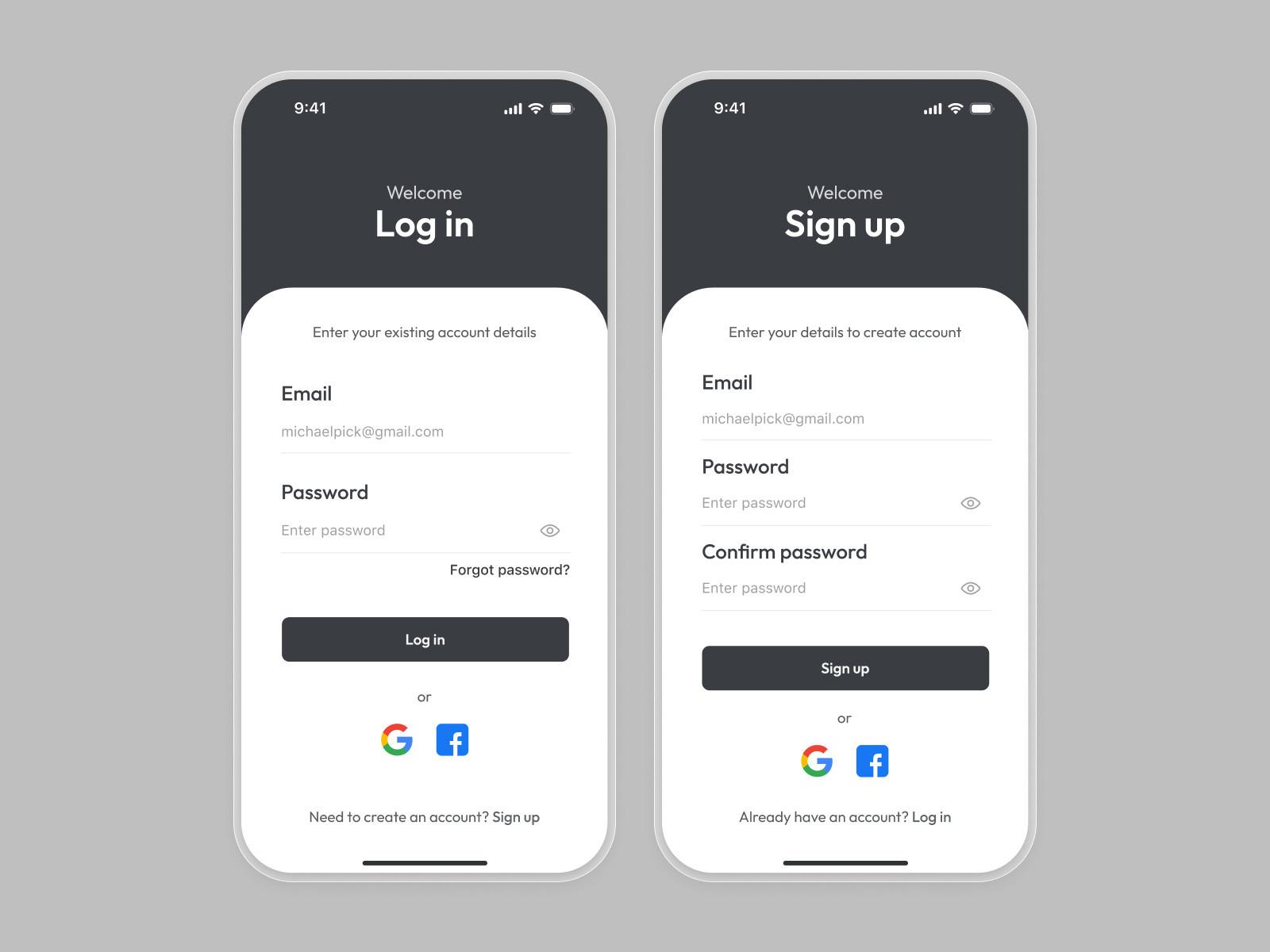 Log in Sign up Screens - Mobile App app app design design ecommerce interface landing page log in mobile mobile app mobile design mobile interface onboarding screen product design sign up splash screen ui ui design uiux ux ux design