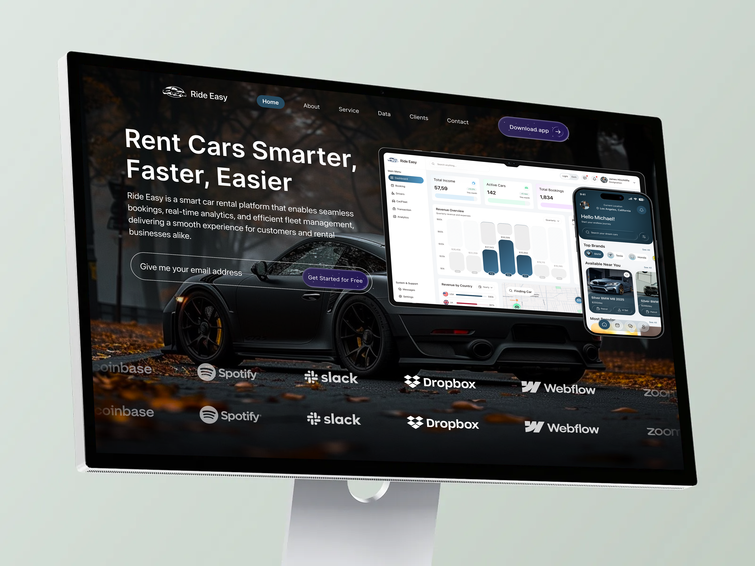Car rental admin dashboard and mobile app Landing page admin dashboard automotive booking app car dealer car rental app data visualization figma design fleet management interaction design mobile app ui product design responsive design saas dashboard transportation travel app uiux design web design