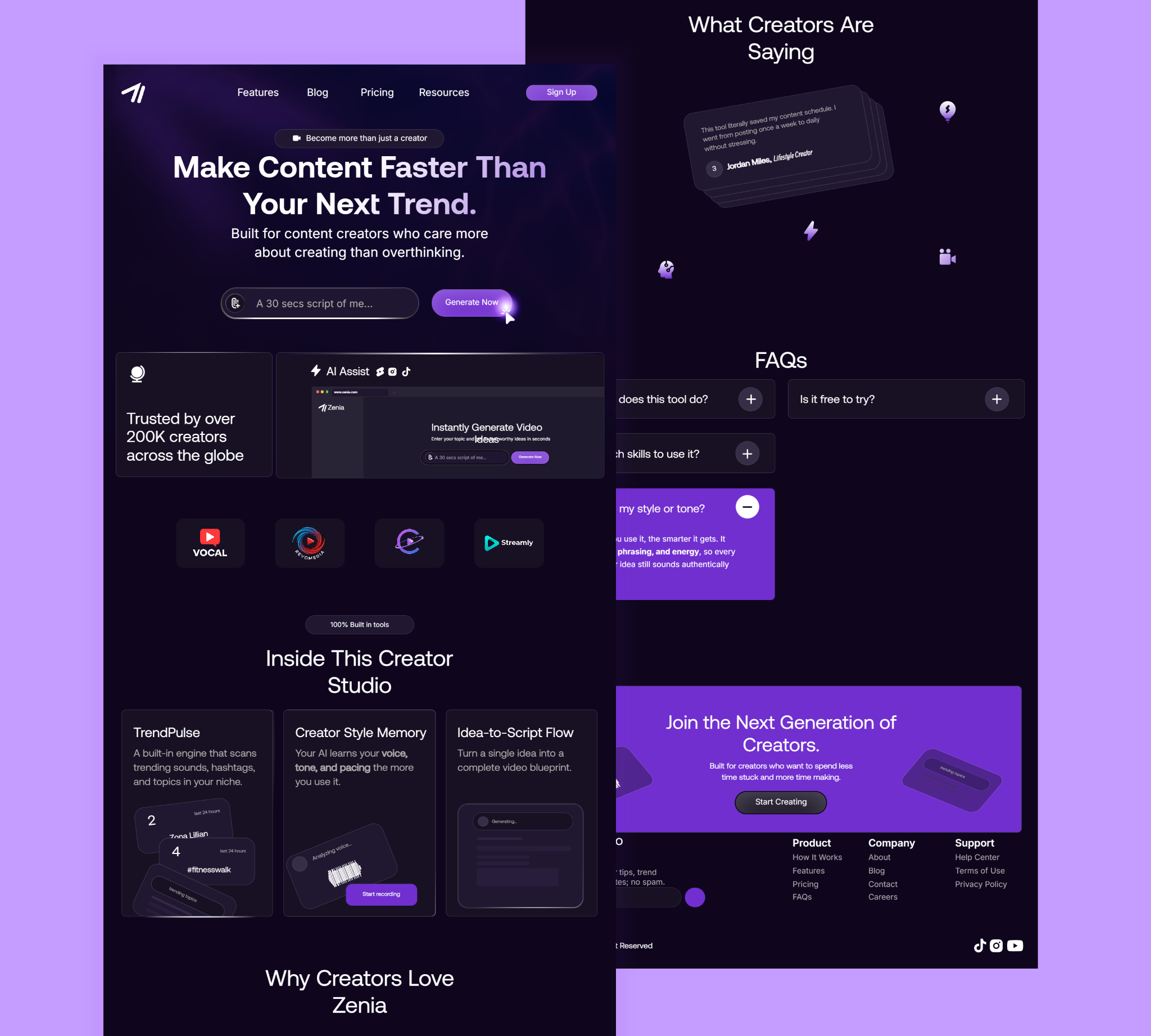 Zenia Website For Creators design development figma framer landing page product design ui ui design uiux web dev web3 website website development
