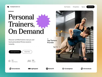 Sleek Fitness Booking Platform Design for Personal Trainers bold typography booking colorful design engaging visuals fitness fitness industry fitness platform gradient colors interface intuitive layout modern navigation personal trainers responsive trainer booking typography user friendly users visual design