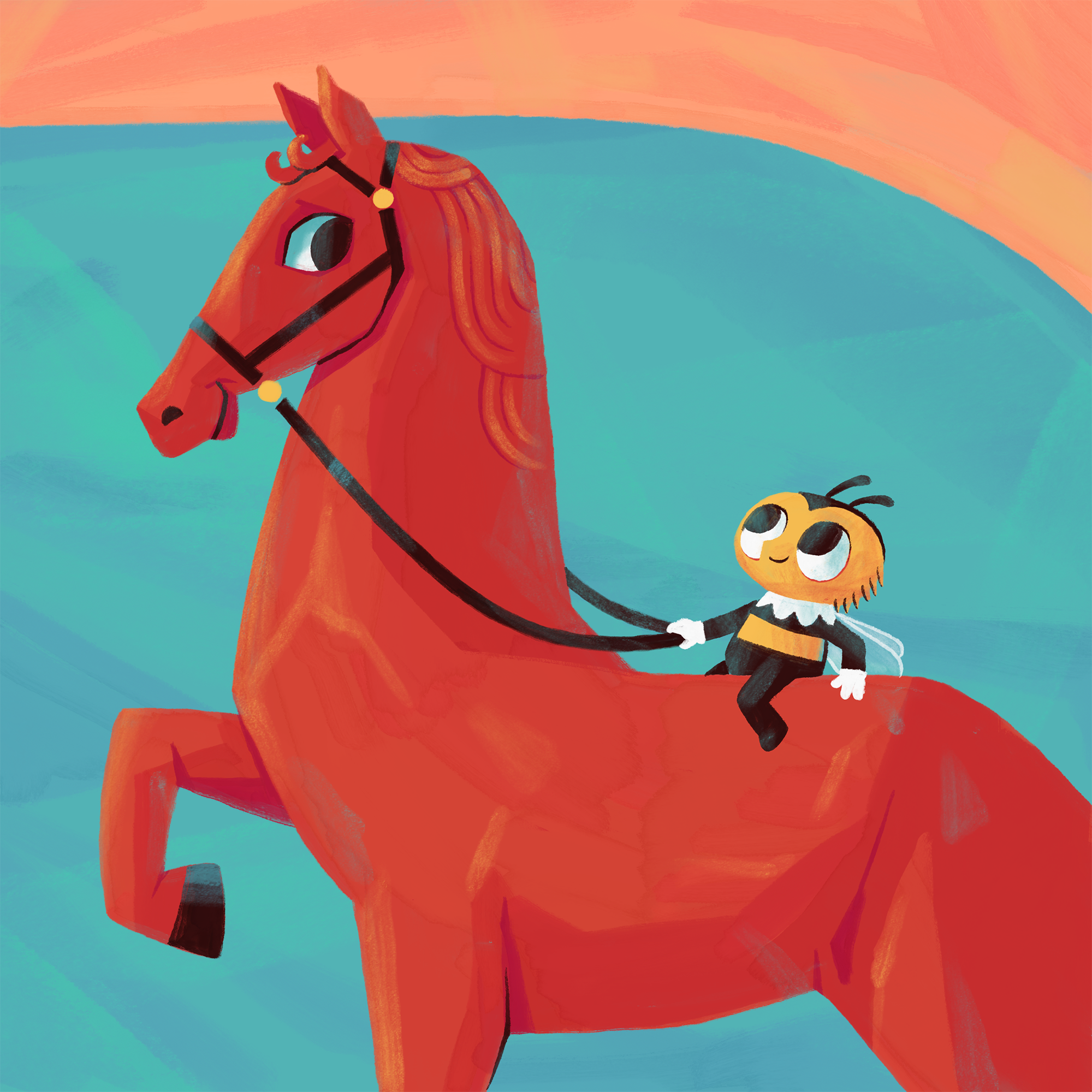 Bathing of a Red Horse animal bee character horse illustration