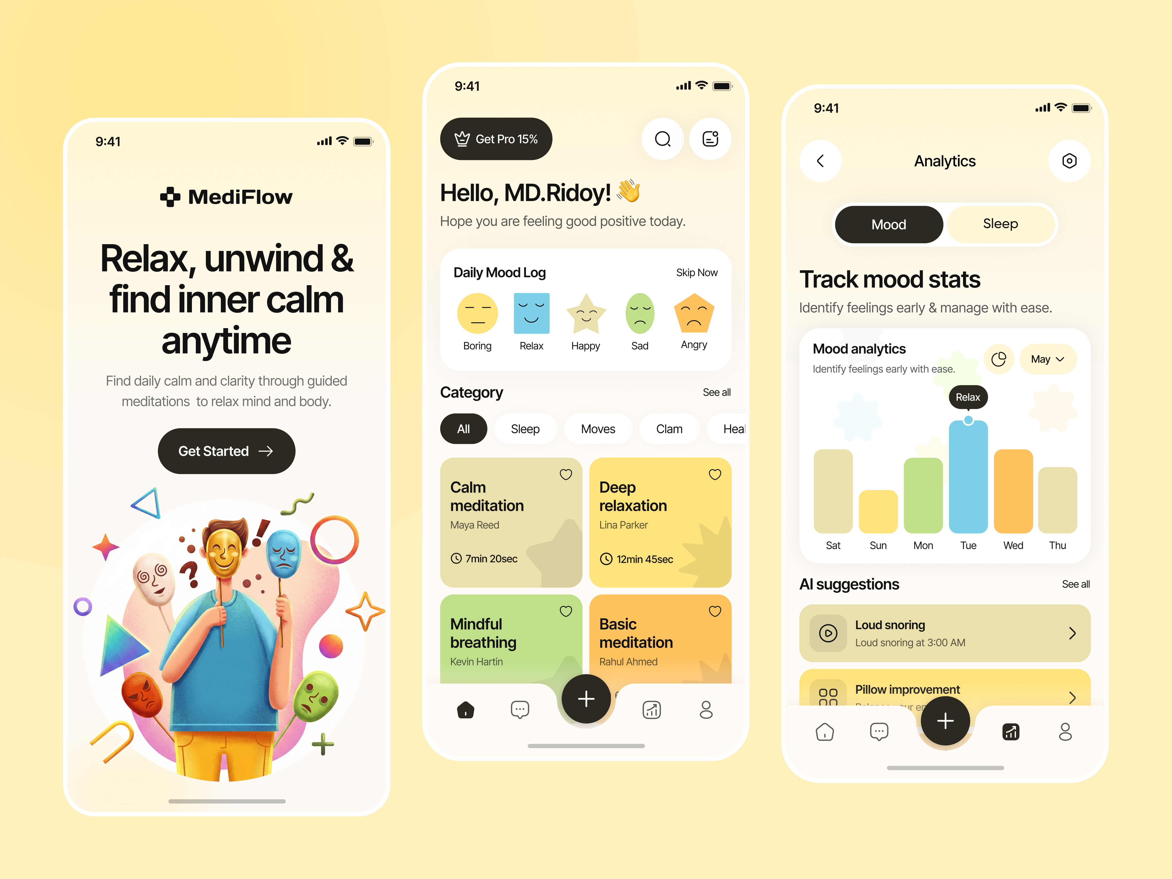 MediFlow — Mental Health & Meditation App UI ai mood app app design branding clean colors design feeling illustrations medical meditation mental health mobile app mood pastels typography ui ux whitespace yoga