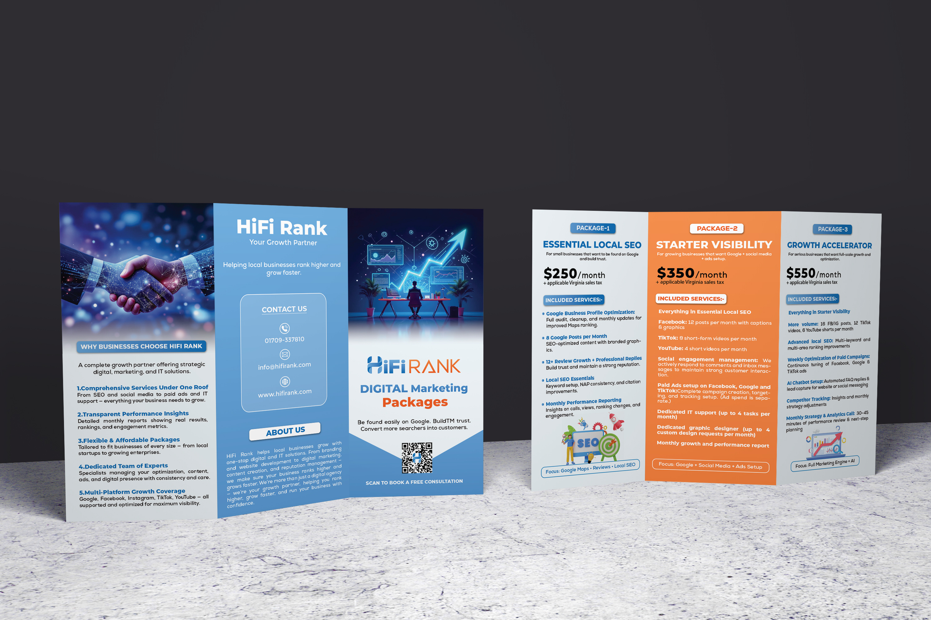 Digital Marketing Agency Trifold Brochure - Pricing & Services brochure design corporate identity digital marketing graphic design infographic leaflet marketing collateral pricing table print design print media seo agency services menu trifold typography