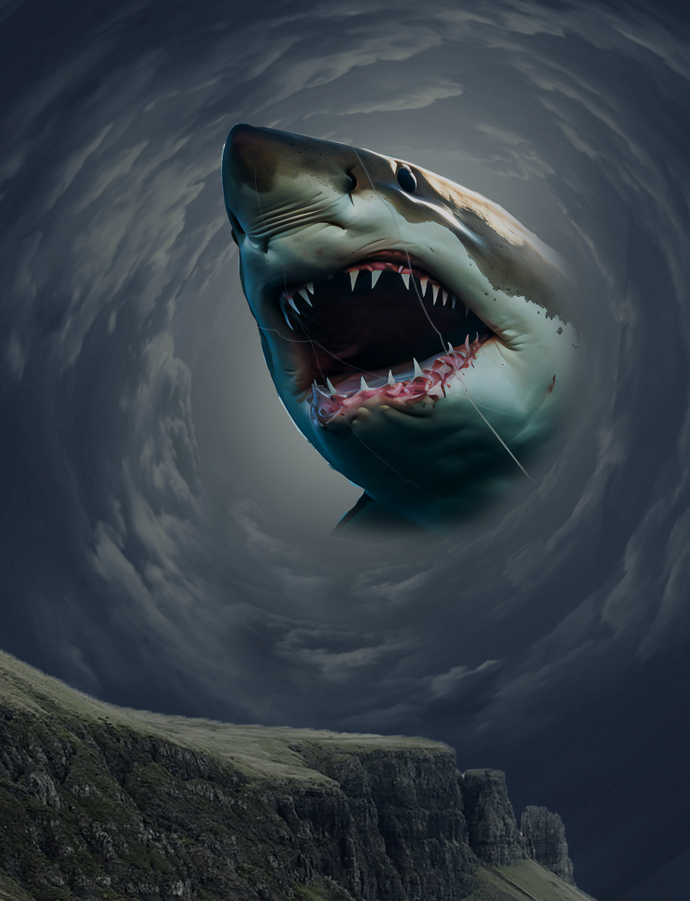 Photoshop A shark in a circular sky, a fantastical and cinematic graphic design motion graphics