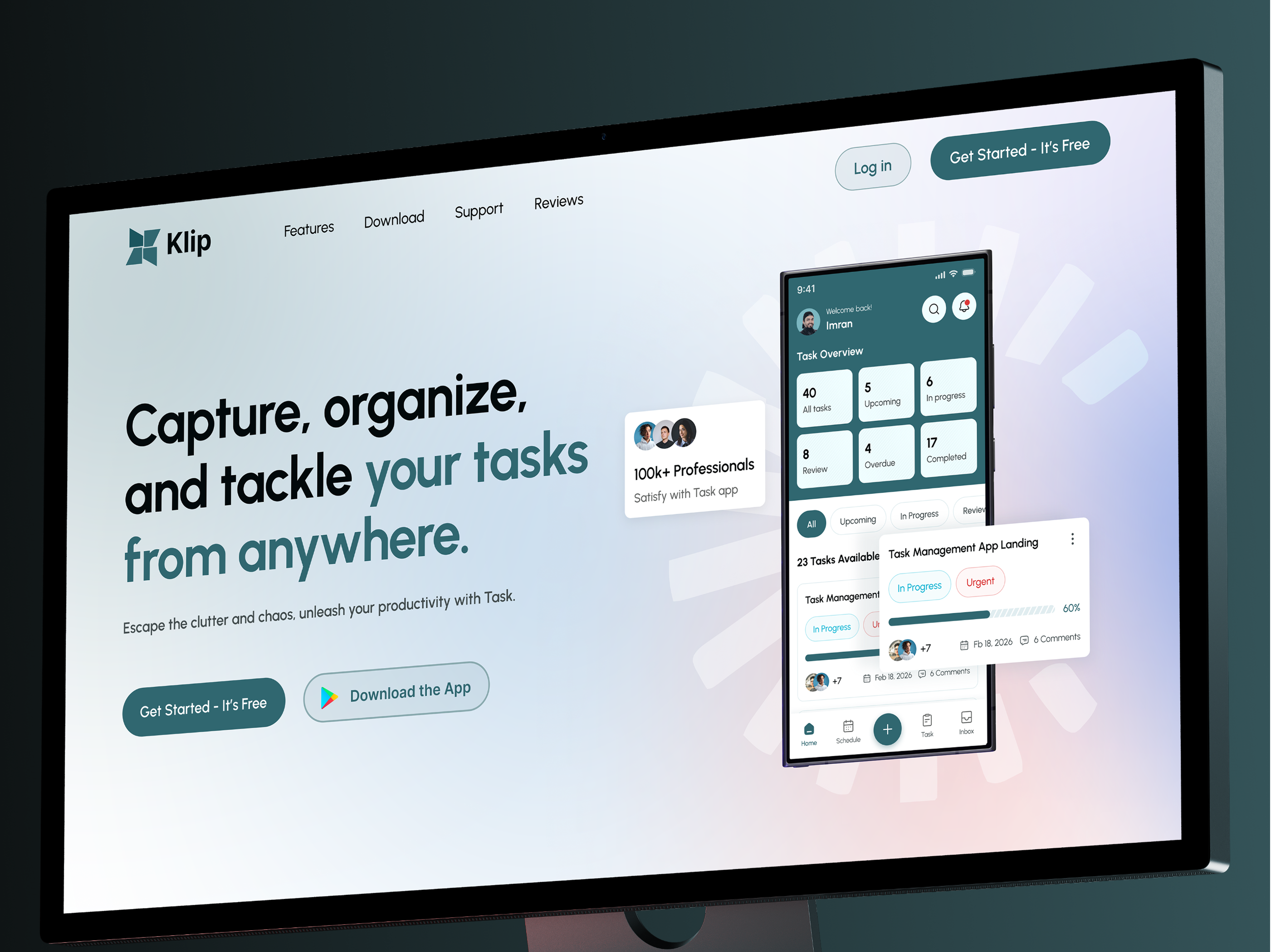 Klip Task – App Landing Page app landing app landing page calender f landing page mobile app orionix orionix studio product design productivity productivity app project management task task management to do list typography ui ux uxui website
