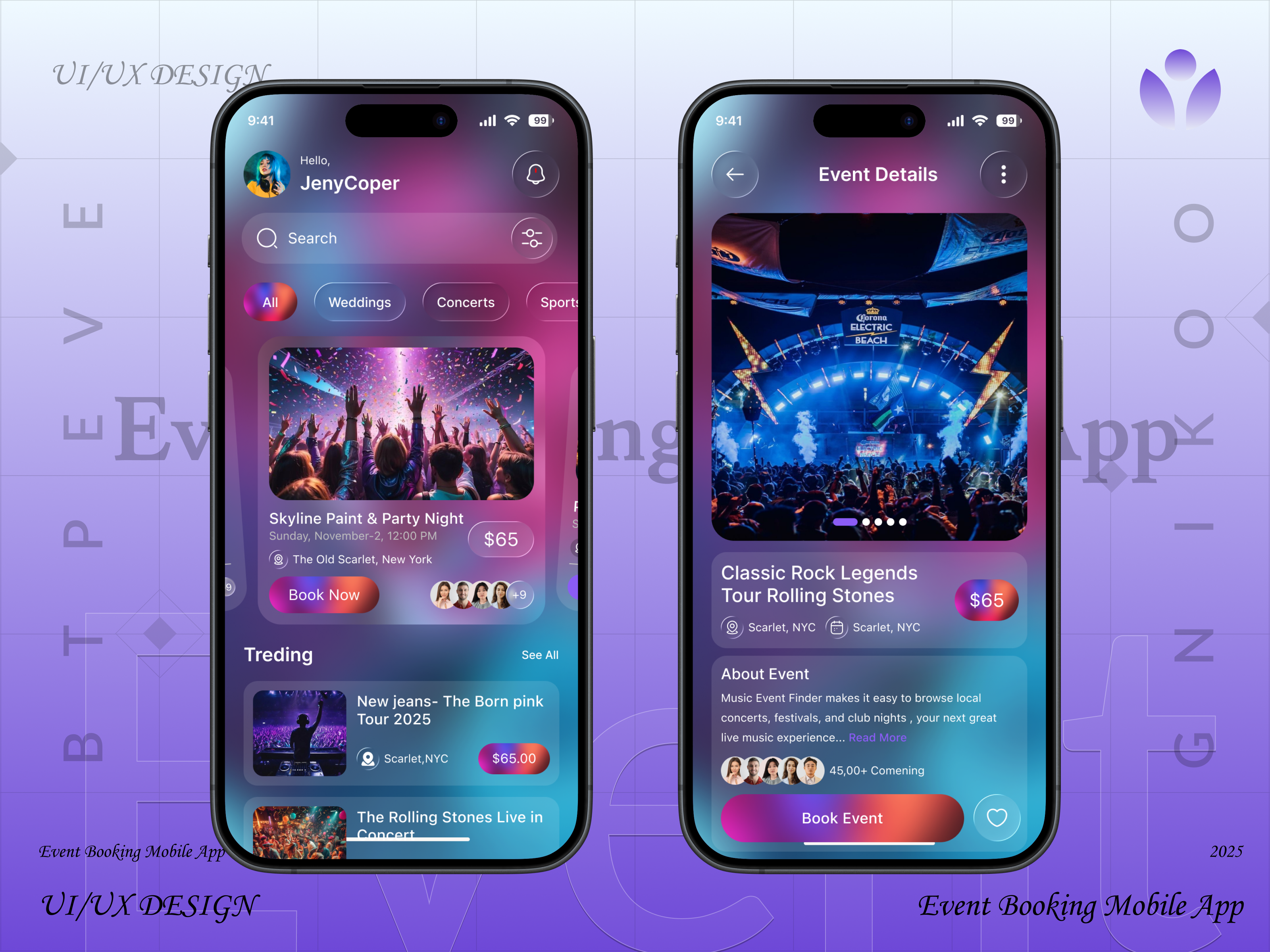 Live Music Booking App with Glass Effects android app booking event app event booking app event managment ios app live concert booking live music mobile app mobile application music app responsivedesign ticket booking app uiux design