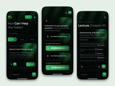 AI Note-Taking Assistant Mobile App ai ai assistant ai note taking assistant ai notes taking app ai personal assisant ai tools dark mode figma green theme interaction design meeting notes mobile ui modern ui note taking app notes productivity app smart organizer transcription app uiux voice recorder