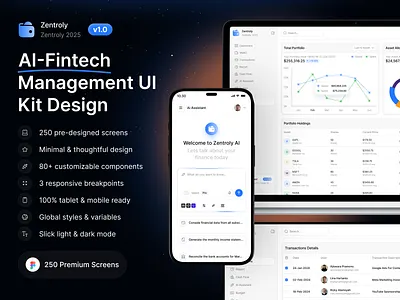 Zentroly AI Fintech Management Dashboard UI Kit ai dashboard analytics banking app dark mode dashboard data visualization finance app fintech product design saas ui kit web app