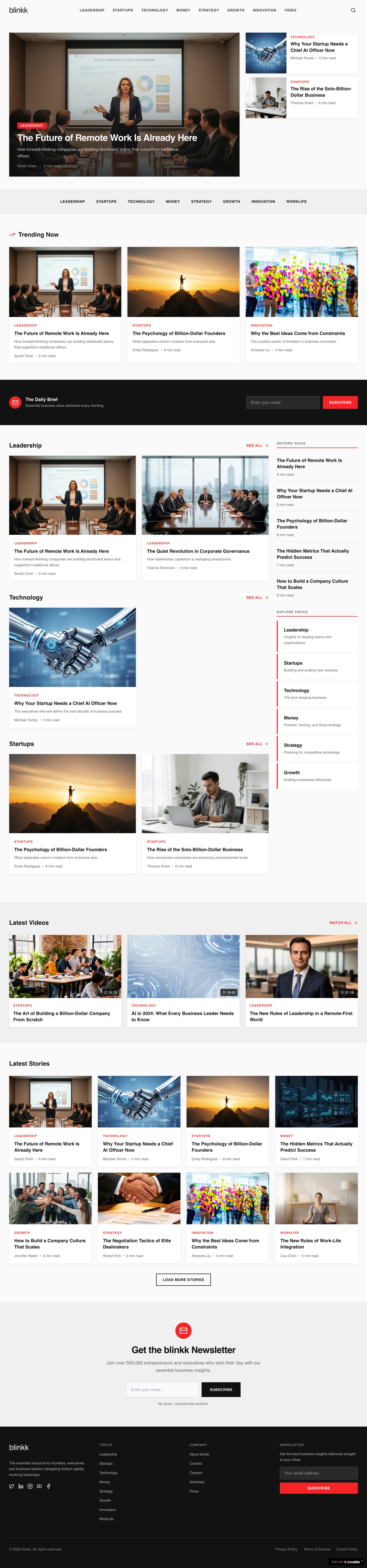 Blinkk — Modern Editorial Platform for Business Leaders | Web UI corporate design figma landing page magazine website modern news website shopify ui ux web design web development wisdmlabs wordpress