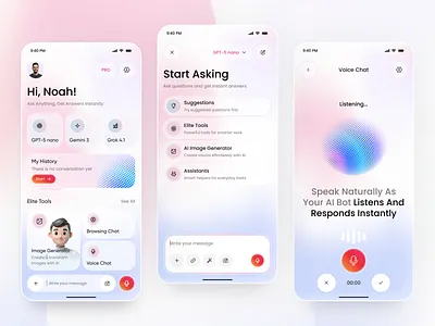 AI Assistant Mobile App UI — Chat, Voice & Image Generator ai app ai assistant ai chatbot ai saas ai ui app app design artificial intelligence chat ui chatbot design generative ai ios mobile mobile app startup ui voice assistant voice chat