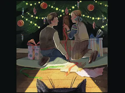 the cat and the christmas tree boy cartoon cat children christmas christmas tree darkness decoration fairytale gift girl happy home illustration light new year night retro style vintage