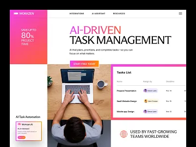 Workzen - AI Driven Task Management Website ai ai task management design agency hero section landing landing page project management saas saas landing page saas product saas website seative task task management task management ui task management website taskflow design team management saas ui website