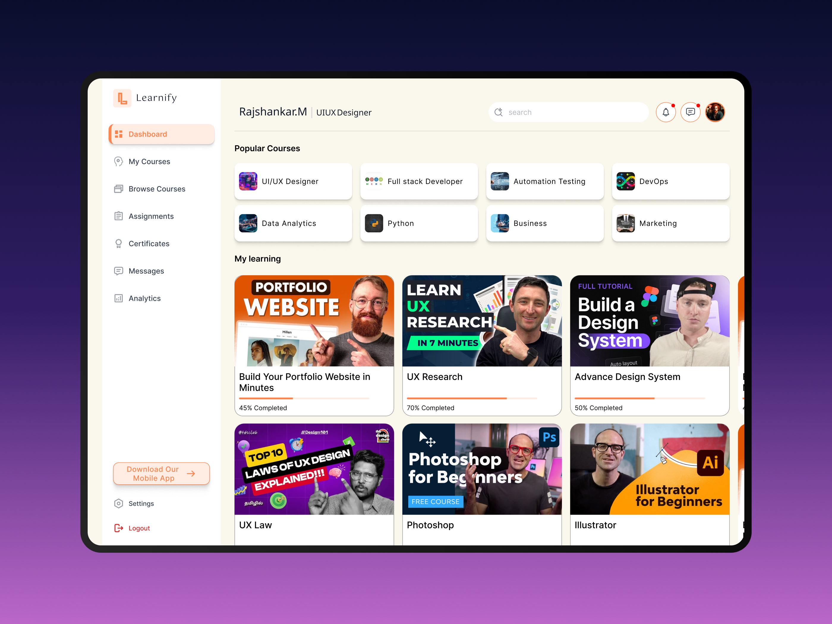 Learnify – Online Learning Web Dashboard appdesign e learning learningapp learningappdesign mobiledesign thumbnaildesign ui uidesign uiux ux ux design webdesign