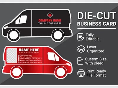 Creative Van-Shaped Die-Cut Business Card Design business card card creative custom shape business card cut cutting design die die cut editable graphic design graphic designer modern name card nww professional unique van shape business card vector visiting card