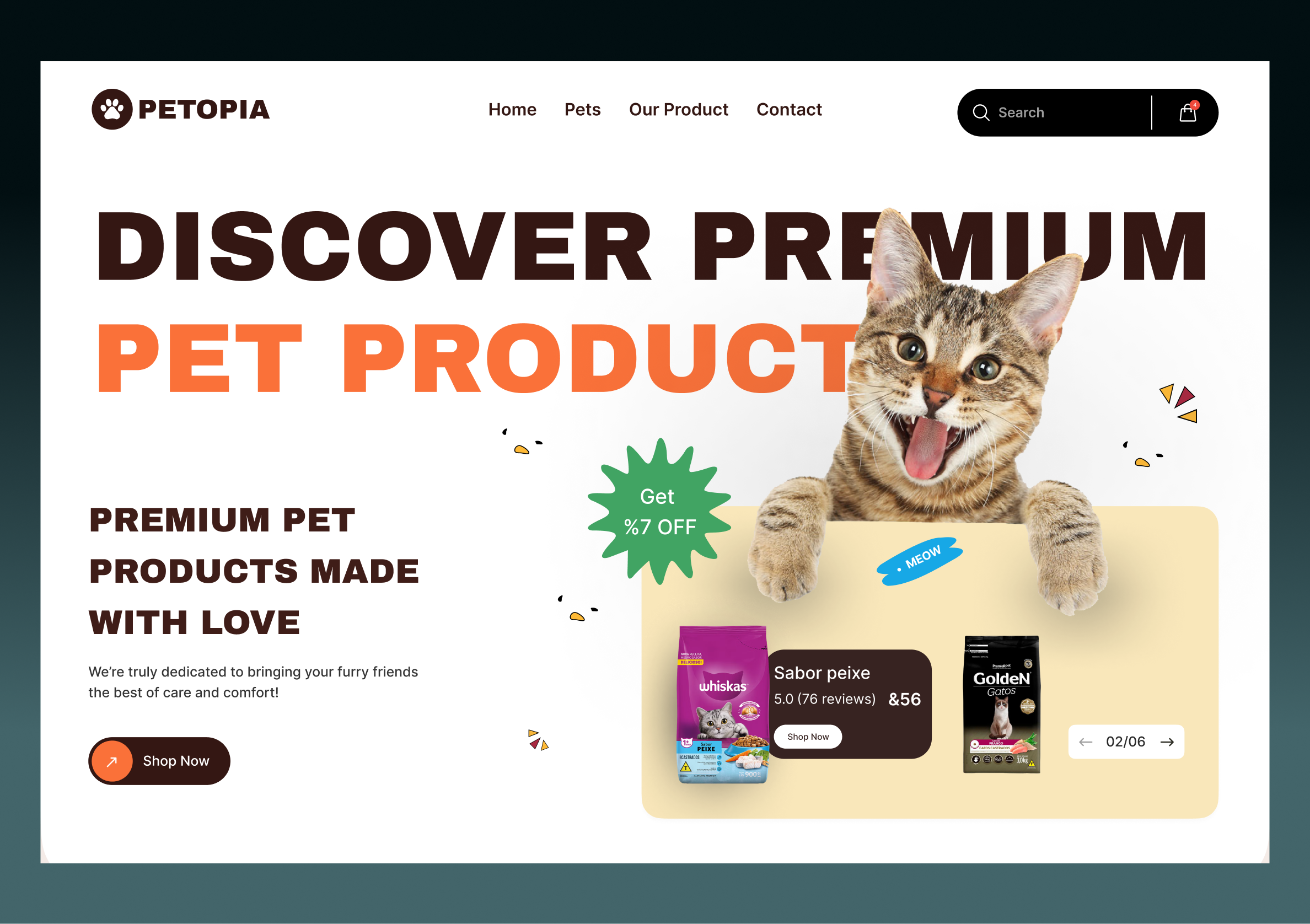 Pet Products Landing Page animal rescue digitalstore ecommerceui landingpage pet food pet shop petcaredesign petindustry petproduct petsupplies userexperience webdesign2025