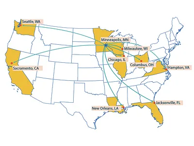 US Map Showing office locations illustration map location map travel map