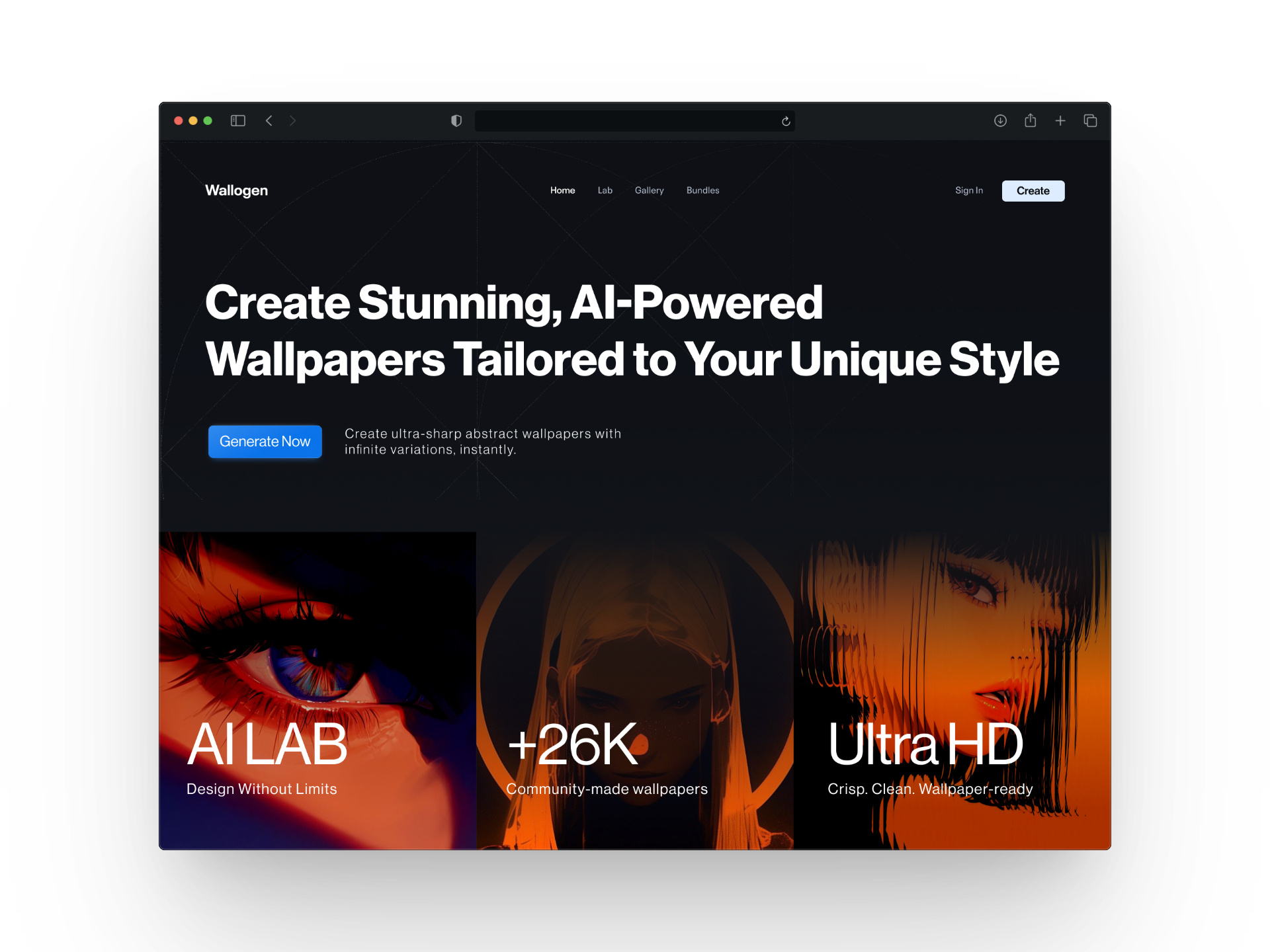 Wallogen | AI wallpaper generator ai bento best clean cool dark ui design graphic design grid hero menu minimal modern new sass scroll trend ui uiux wallpaper