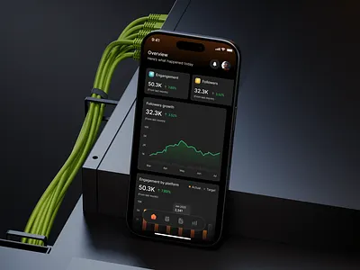 Social Media Analytics Mobile App – Overview Dashboard analytics app design chart dark mode dashboard graphic design ios mobile mobile app mobile app design mobile app uiux overview product design saas social social media social media analytics social media chart social media dashboard uiux
