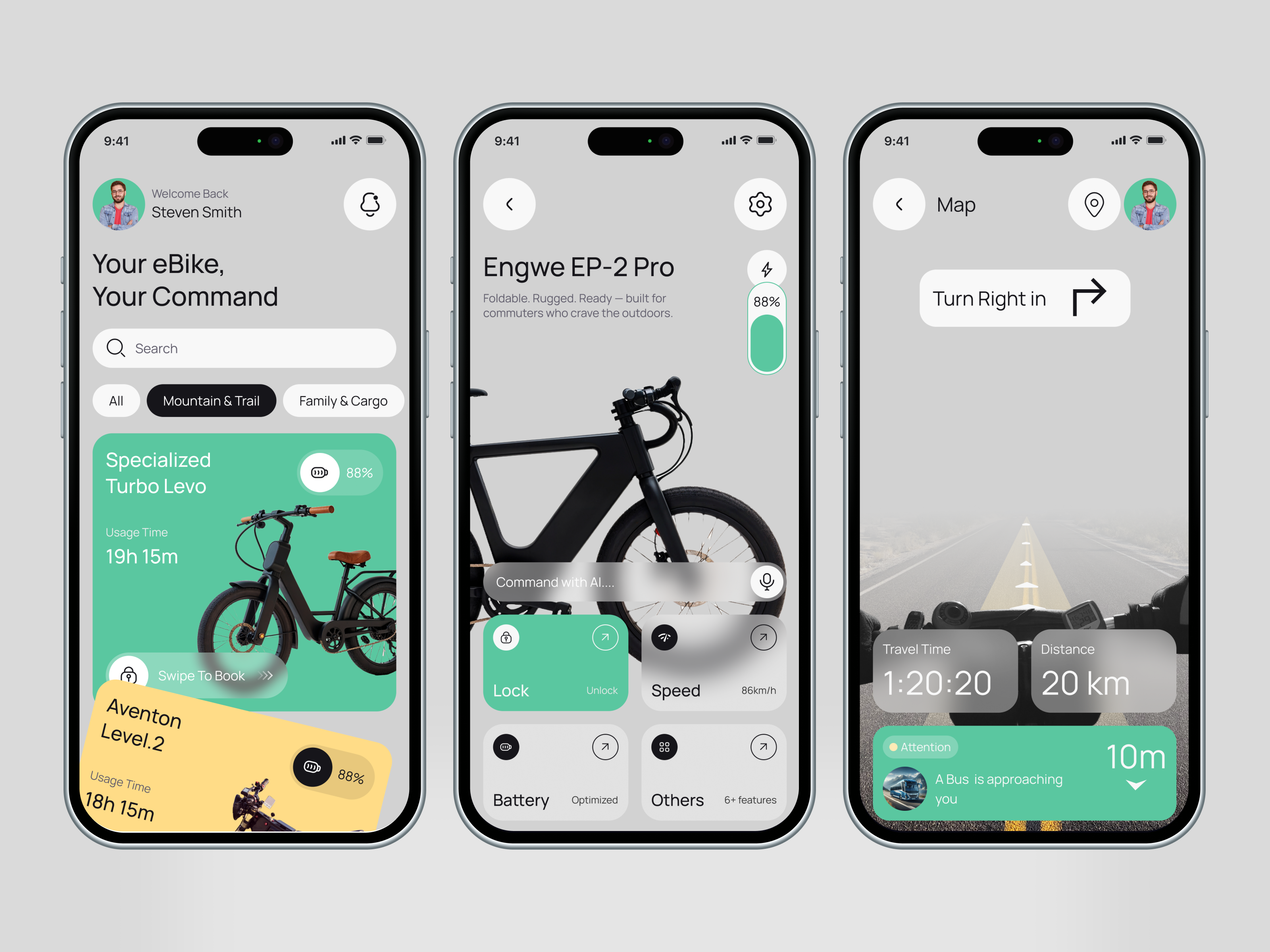BikeOS E-bike mobile app UI ai bicycle bicycle app bike store ui e bike ebike mobile app ecycle electric ios app mobile app navigation smart app transportation app