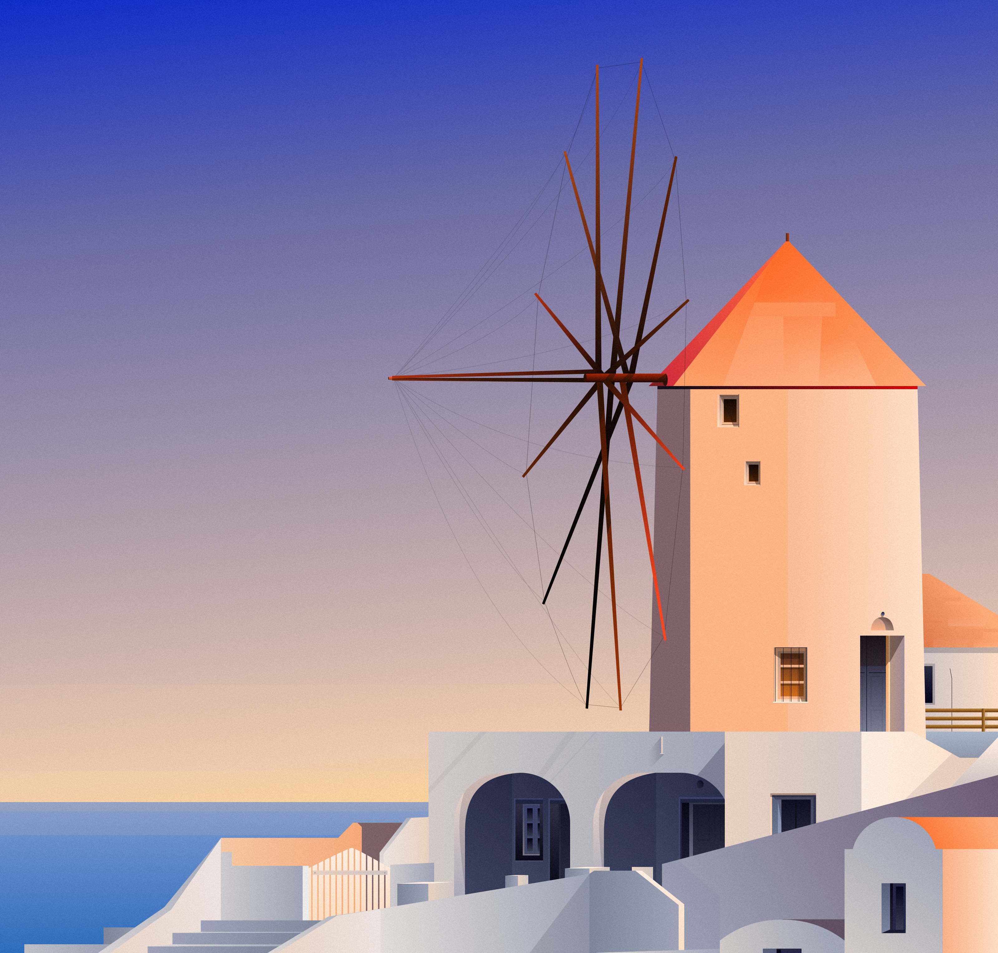 Warm And Cozy architecture art blue cloud design digital art digital illustration draw illustration paint painting purple sea sky vector vector art vector illustration village windmill yellow