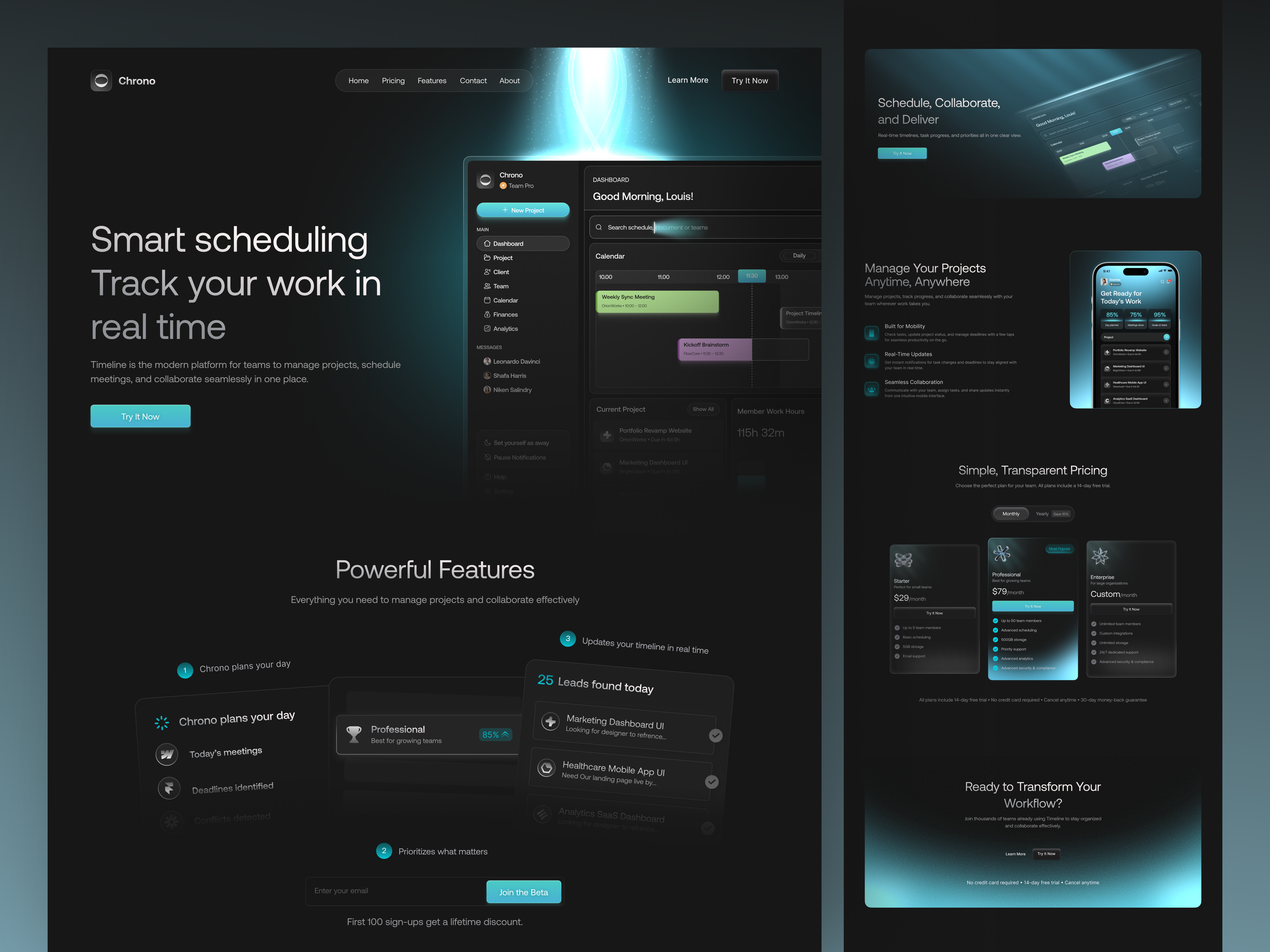 Chrono – Schedule & Project Landing Page app b2bsaas chrono dark mode dashboard designcommunity designtrends emura landing page managment modernui pricing productivitytool projectmanagement saas saasproduct scheduling shotoftheday startupdesign track managment