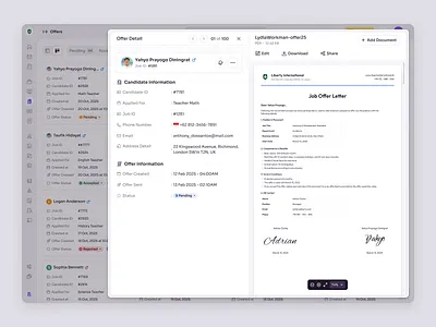 RecruitSmart — Offer Details of Candidate in School Recruitment candidate dashboard education employee hiring hr hr management hr system hrd hrm job product design recruitment saas saas design school staff management ui ux web app