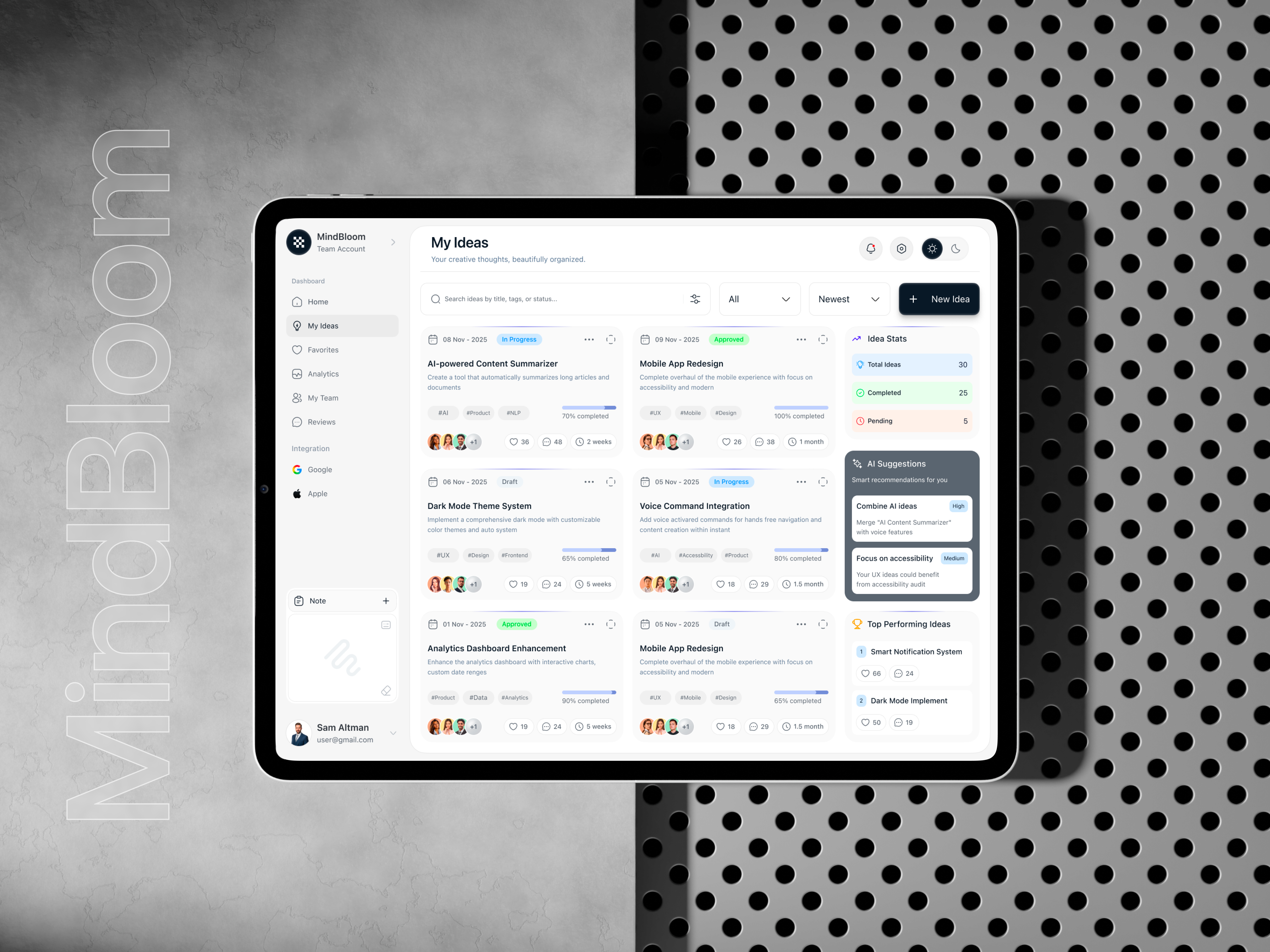 MindBloom — Idea Management Dashboard. ai dashboard app interface clean ui dashboard ui design system enterprise ui minimal ui modern ui product design productivity app project management saas dashboard saas design startup dashboard ui design user experience user interface ux design web app design web dashboard