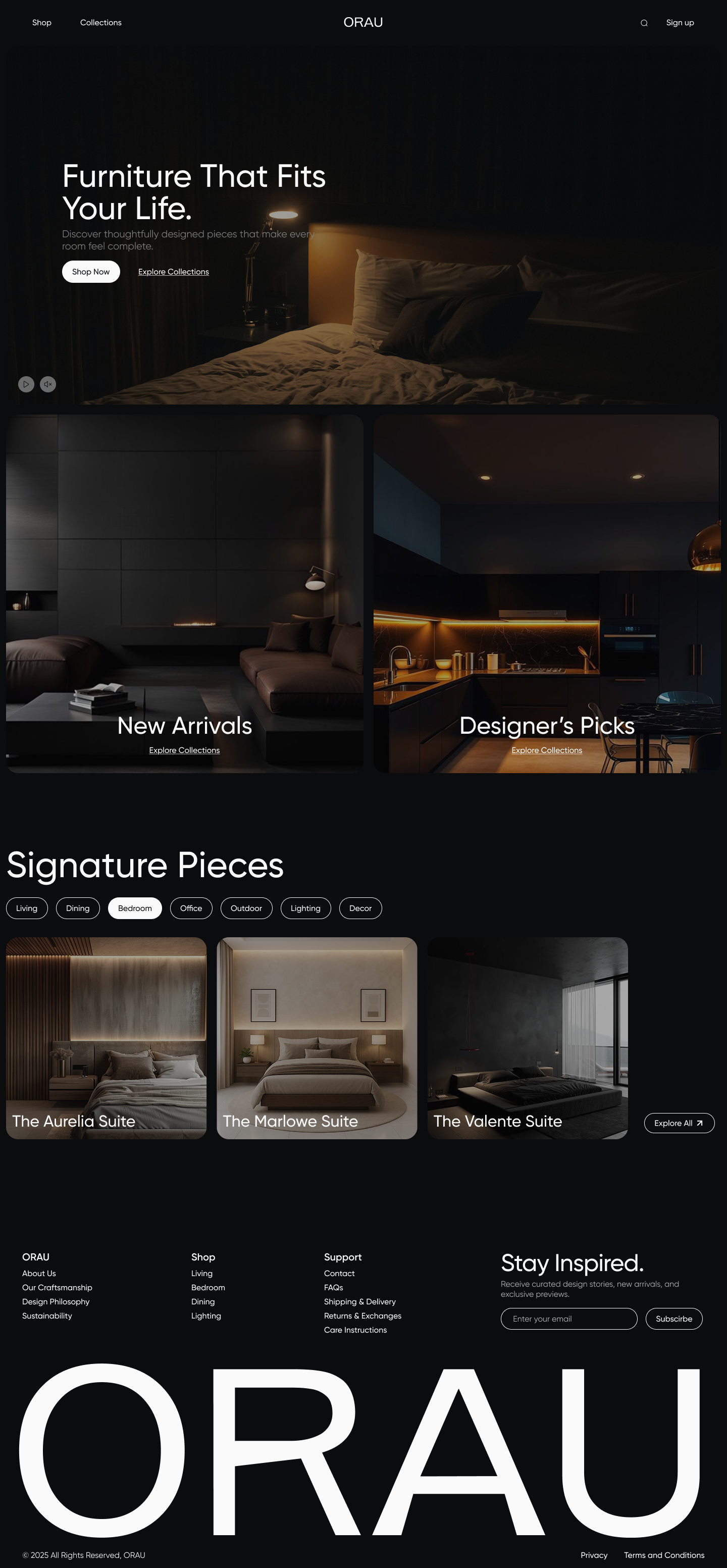 ORAU — Premium Furniture Brand Landing Concept dark ui e commerce editorial furniture luxury minimal ui design ux design web design