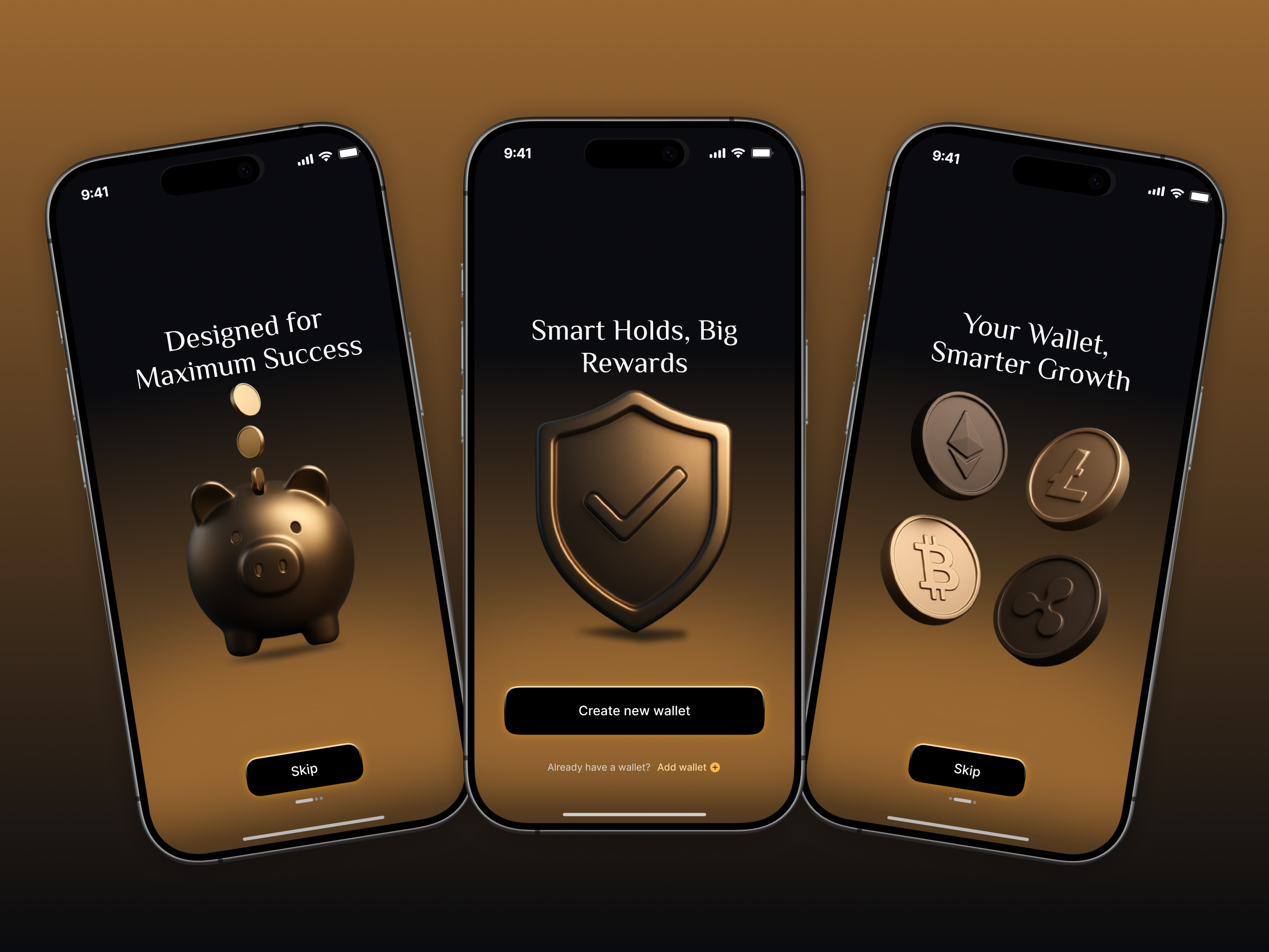Crypto Wallet App — Premium Mobile Onboarding UI 3d blockchain clean design crypto app crypto wallet dark ui defi digital wallet fintech app interface mobile onboarding uiux wallet wallet app web3