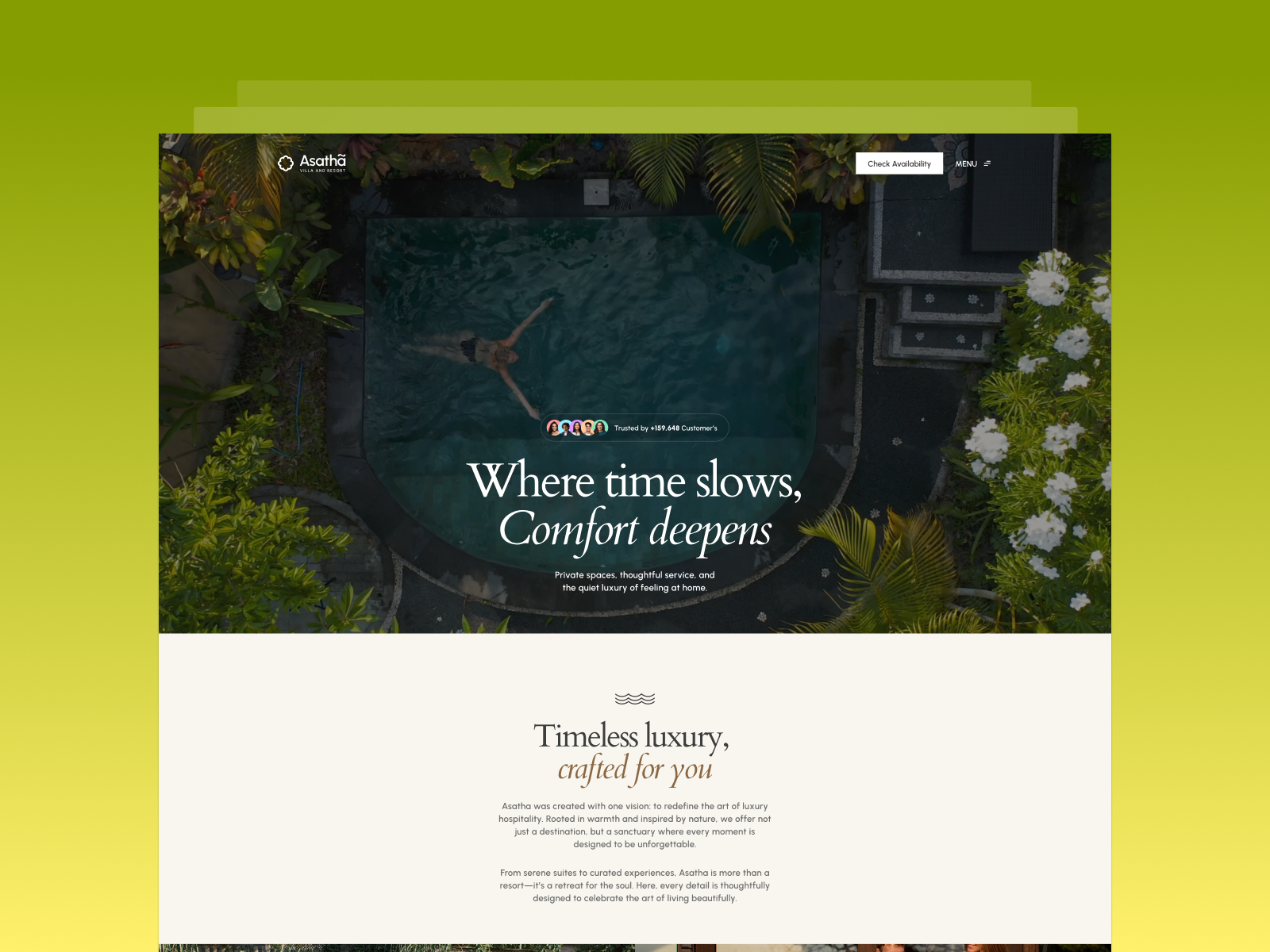 Asatha — Luxury Resort Webflow Template and curated packages dining hospitality experiences private villas spa experiences spa retreats spa website trending ui uiux webflow luxury template webflow template webflow website development wellness destinations wellness retreats wellness template