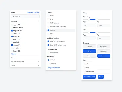 Dropdown filters buttons checkbox component library components design kit design system dropdown enterprise figma filters flowbite inputs ui ui kit uiux ux
