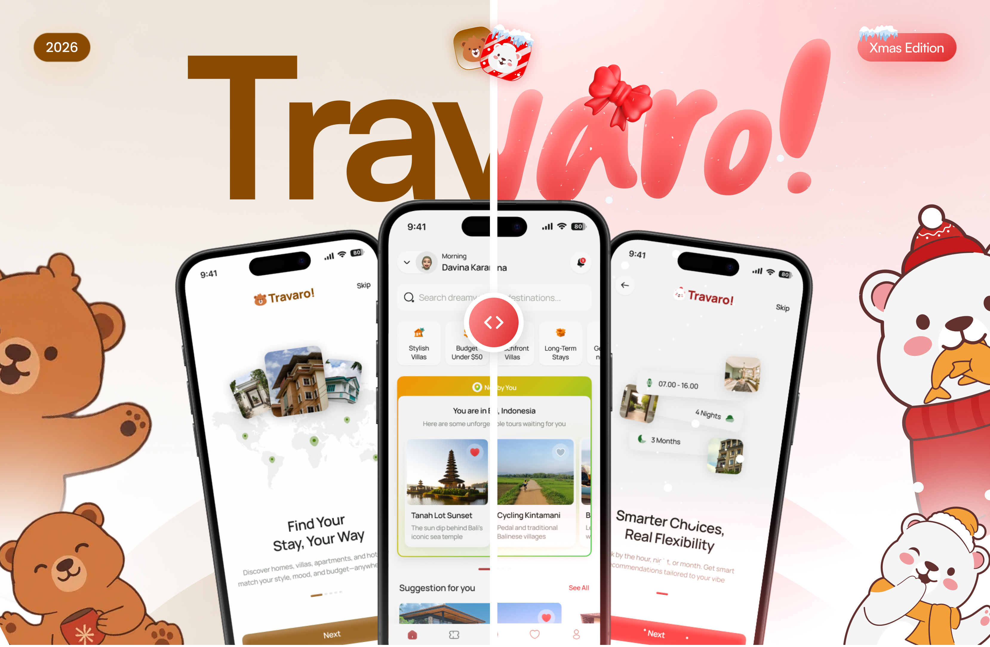 Travaro! Christmas Theme — A Holiday Experience Begins🎄✨ animation apps branding christmas graphic design holiday hospitality illiustration logo motion graphics santa snow travaro travel ui xmas