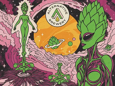 Passion Galaxy abstract aliens badge design beer label branding craft beer craft beer label design flower galaxy graphic design halftone hops illustration label design packaging pale ale passion fruit planets starts