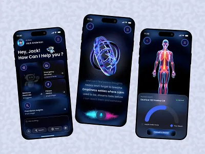 AI Health Assistant App – Smart Care at Your Fingertips ai ai assistant ai health app app design body scan ui checkup clean design doctor app health app health care ui healthy medical medical app minimal app mobile mobile app power app ui trends uiux