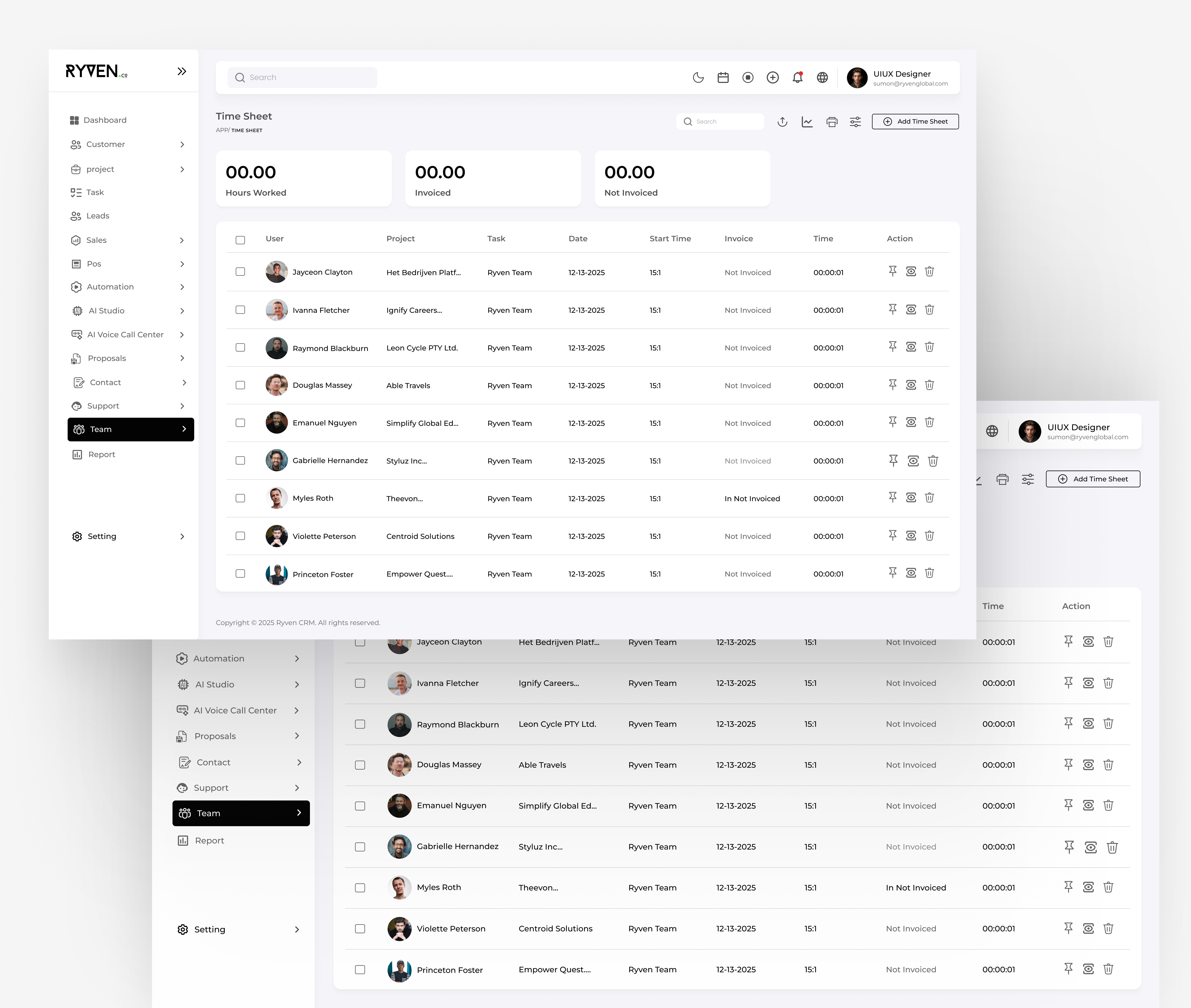 Ryven CRM — Smart Time Tracking & Team Workflow admindashboard businessanalytics businessdashboard cleanui crm crmsoftware dashboarddesign designsystem enterpriseui minimaldesign productdesign projectmanagement ryvencrm saasdesign saasui timetracking uidesign uxdesign webappdesign