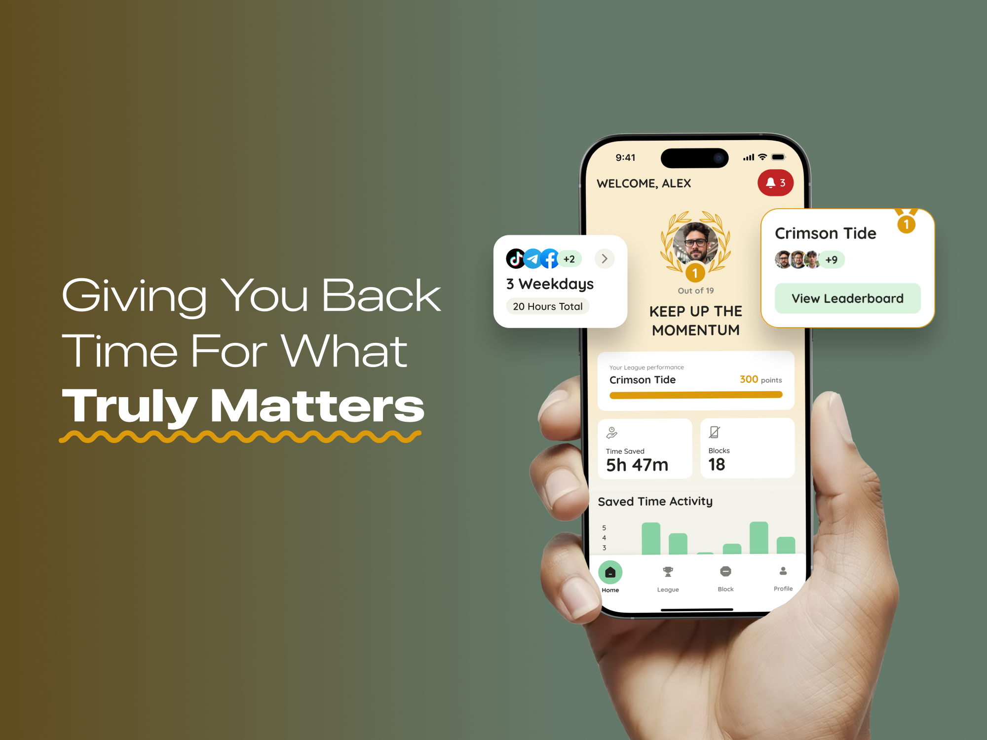 Block Apps & Save Time Social iOS App account block dashboard leaderboard league profile schedule social ui winner